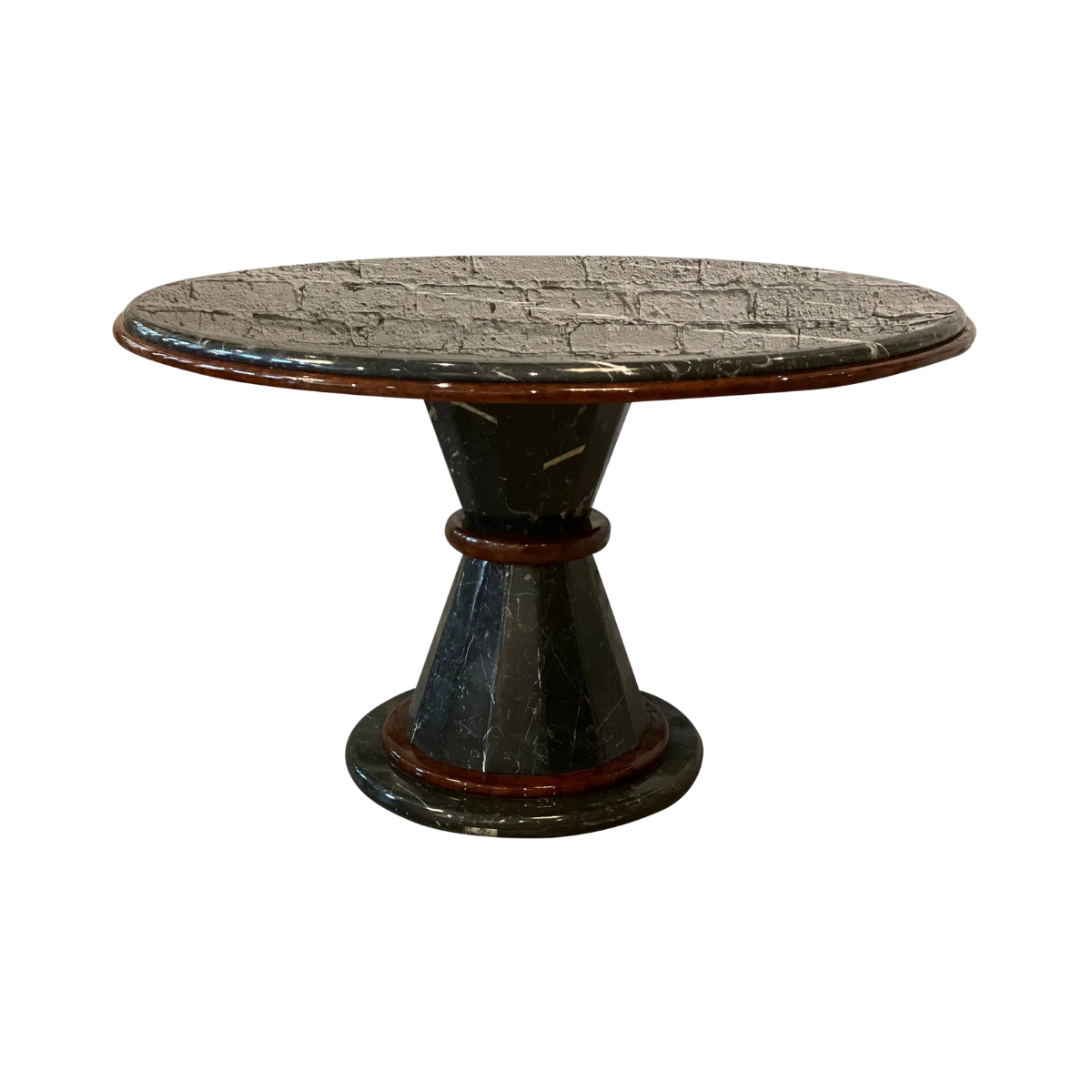 1980s Vintage Nero Marquina Black and White Marble and Wood Round Pedestal Dining Table