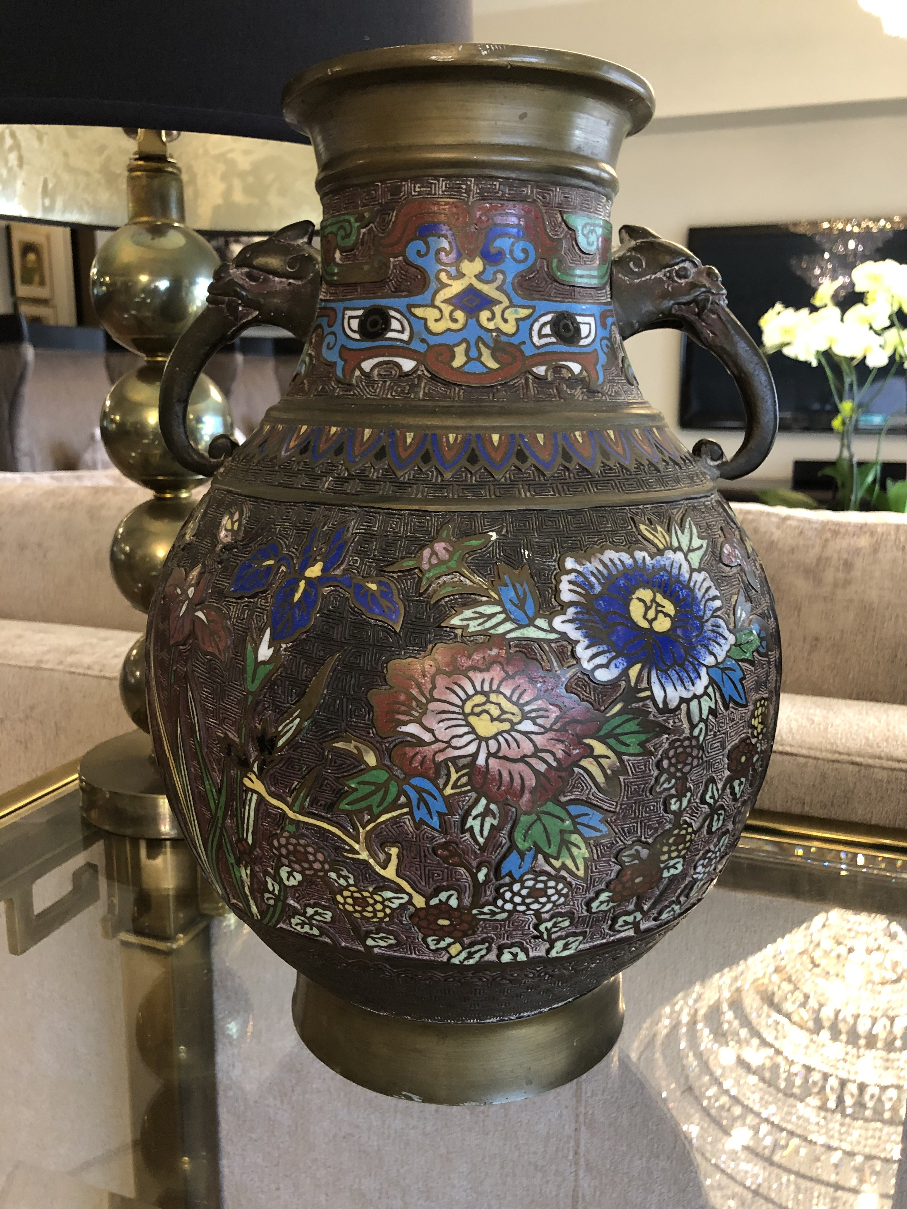 1930s Japanese Champleve Brass Vase