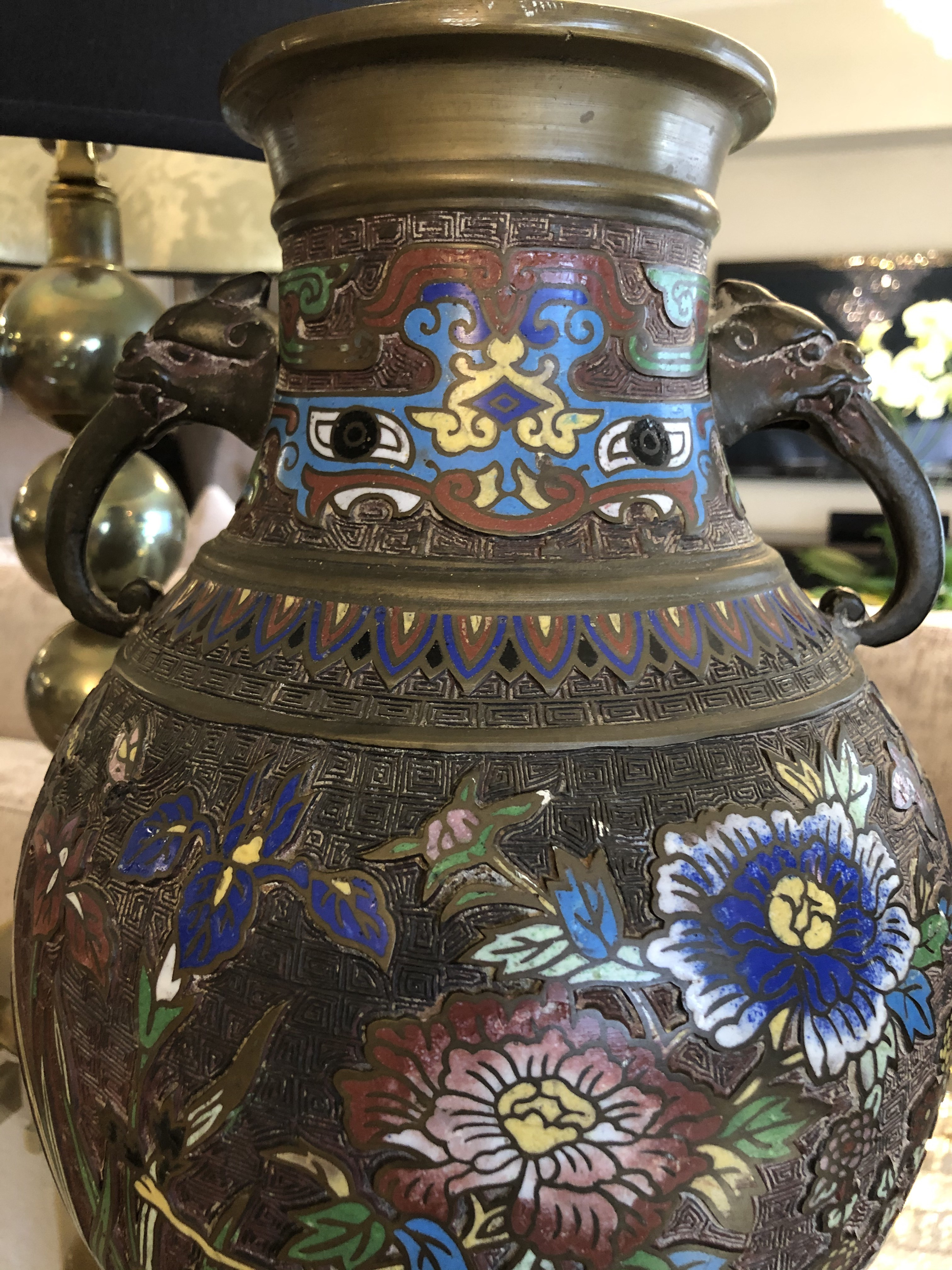 1930s Japanese Champleve Brass Vase