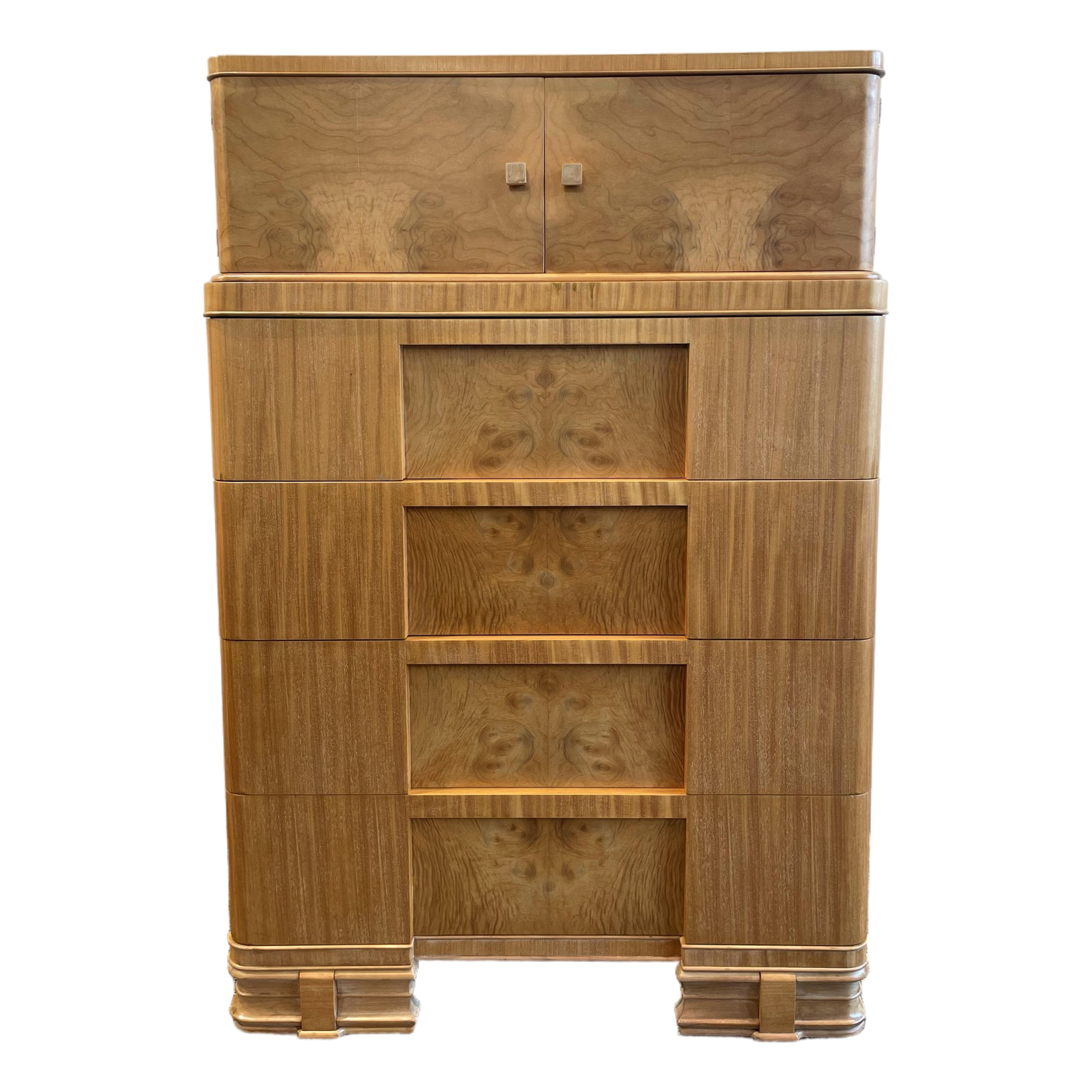 1930s Vintage Burled Wood Art Deco High Boy Cabinet