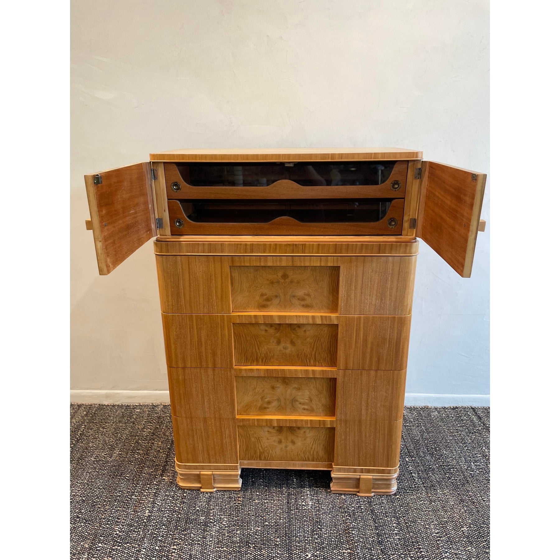 1930s Vintage Burled Wood Art Deco High Boy Cabinet