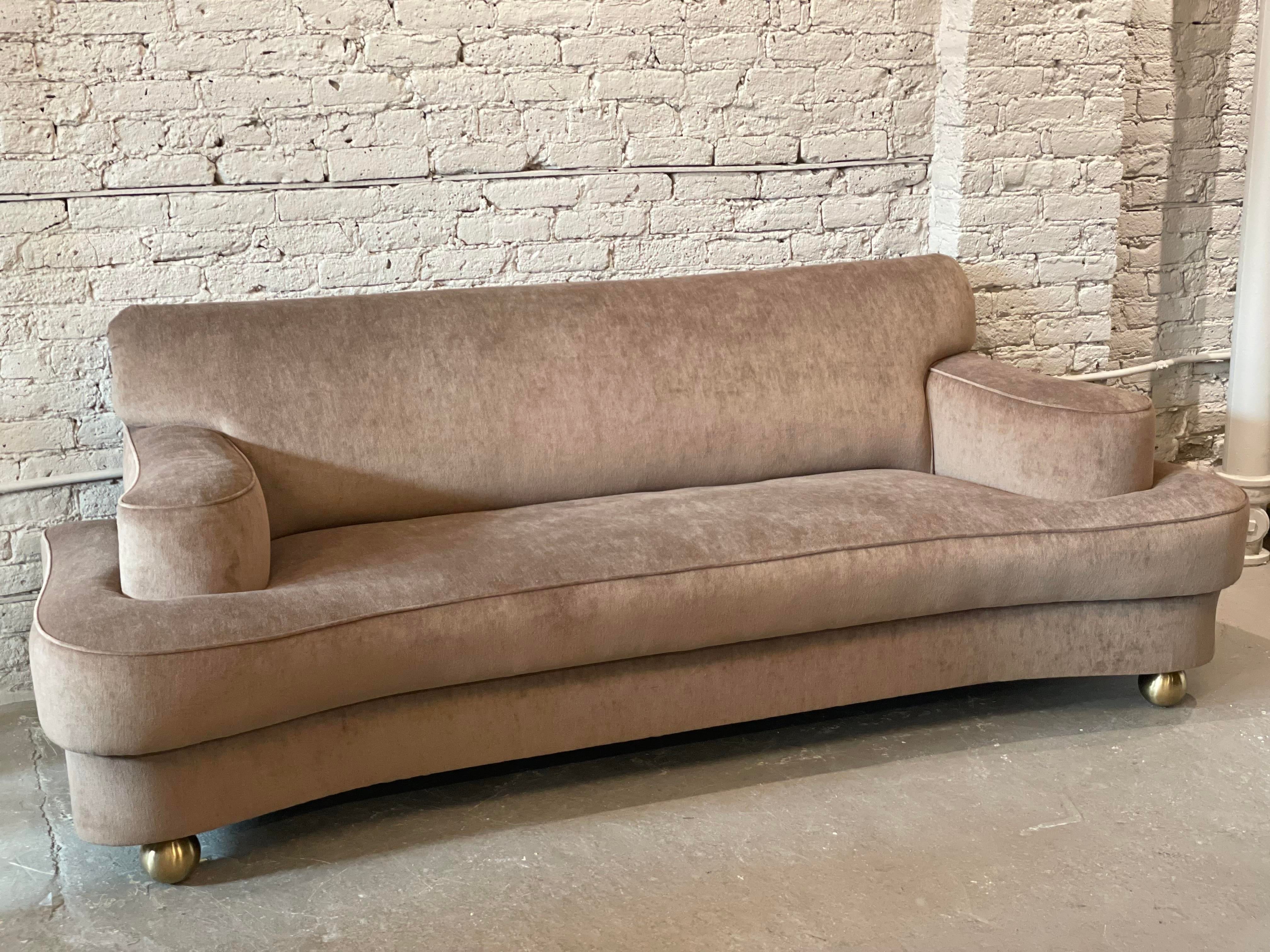 1940s Taupe Velvet Sofa With Brass Feet