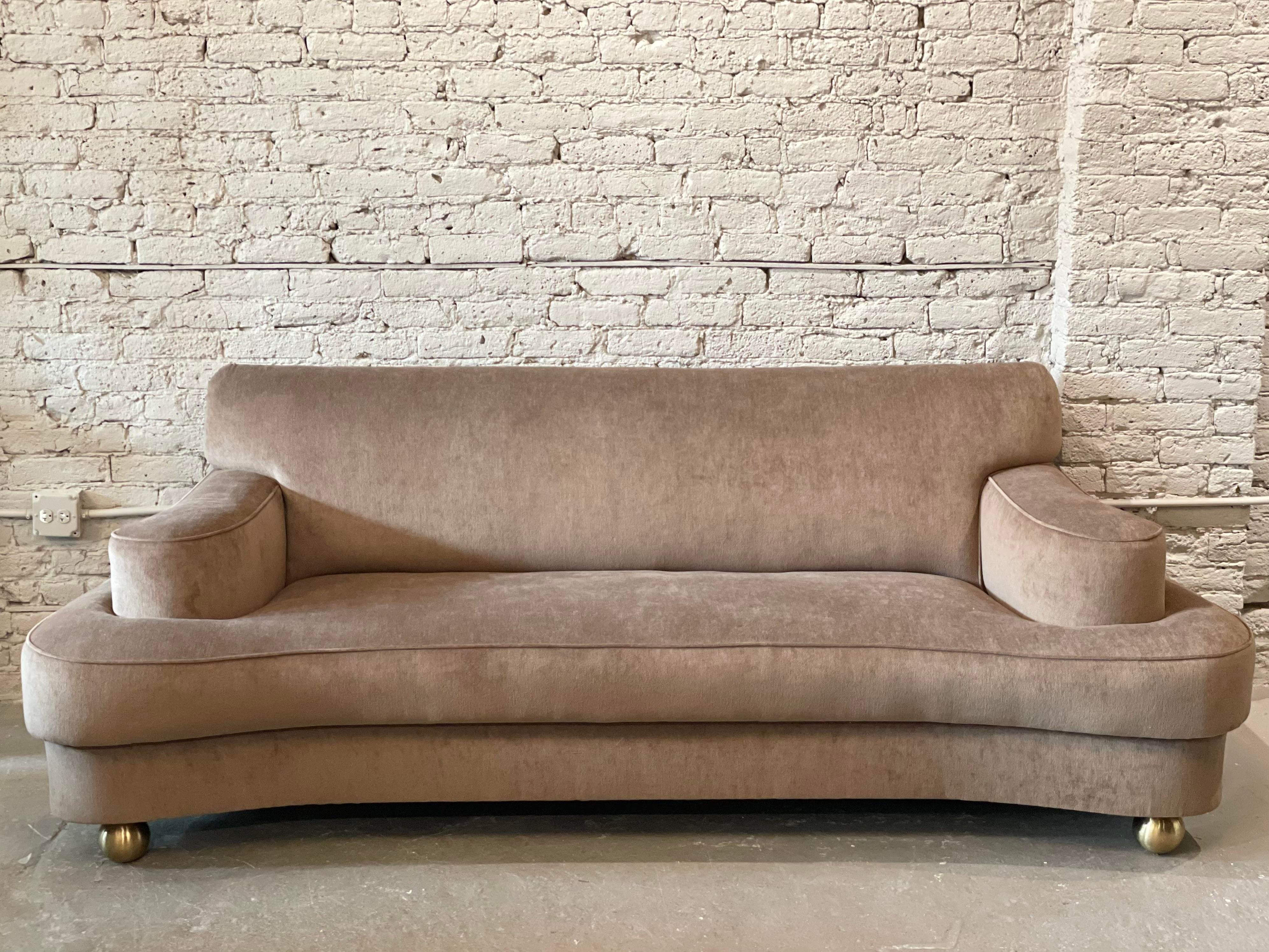 1940s Taupe Velvet Sofa With Brass Feet