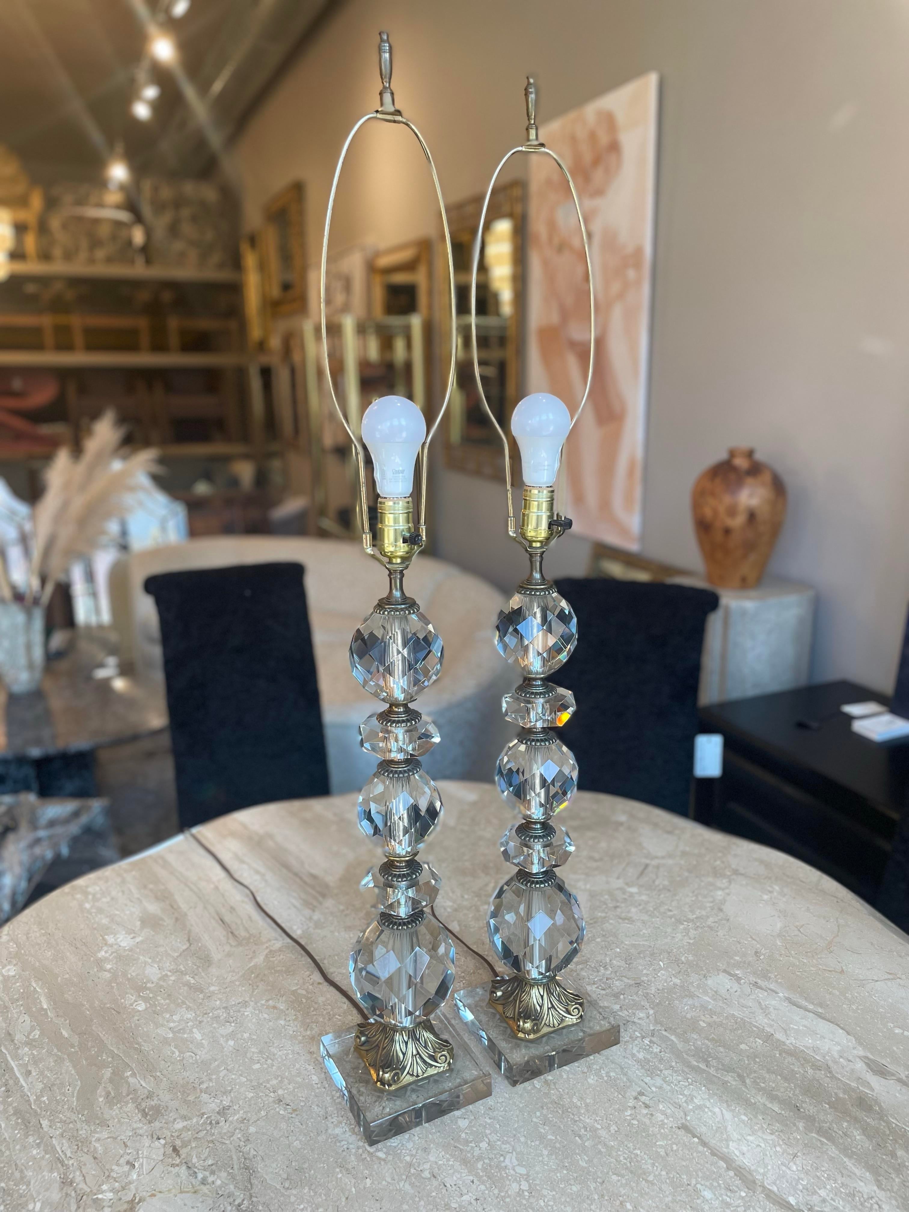 1950’s Vintage Crystal and Brass Lamps - a Pair
