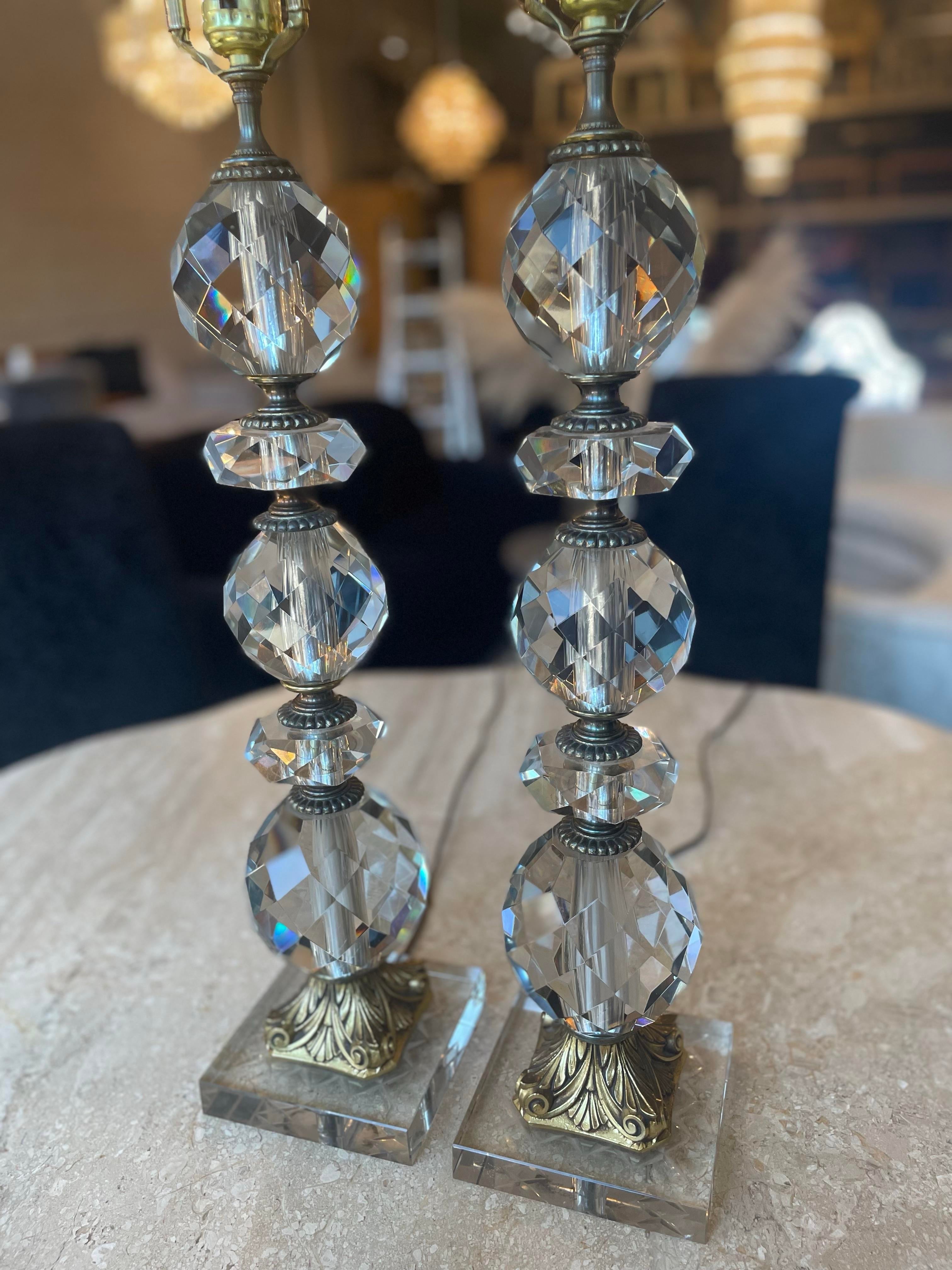 1950’s Vintage Crystal and Brass Lamps - a Pair