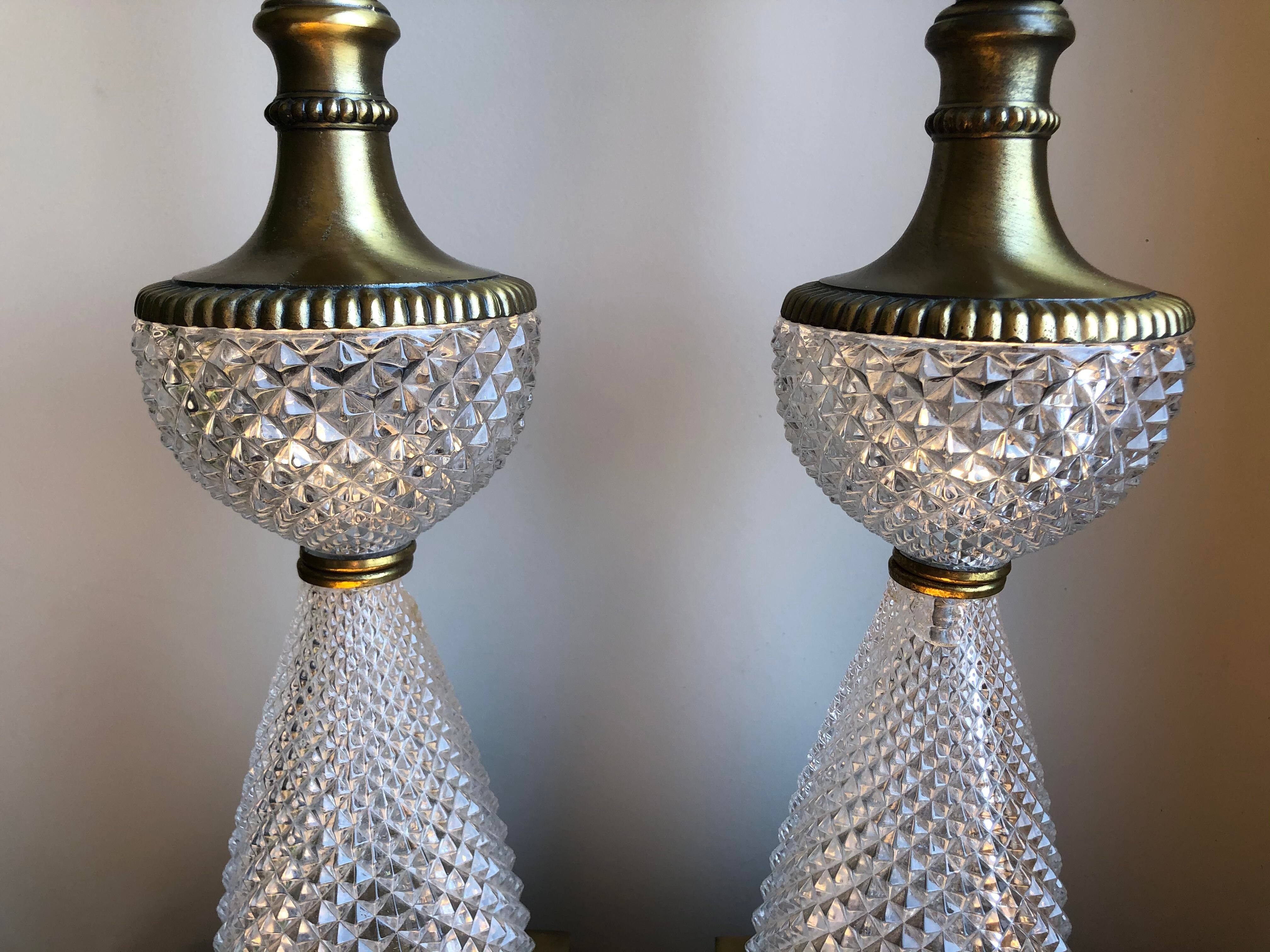 1960s Italian Lead Crystal Brass Lamps - a Pair