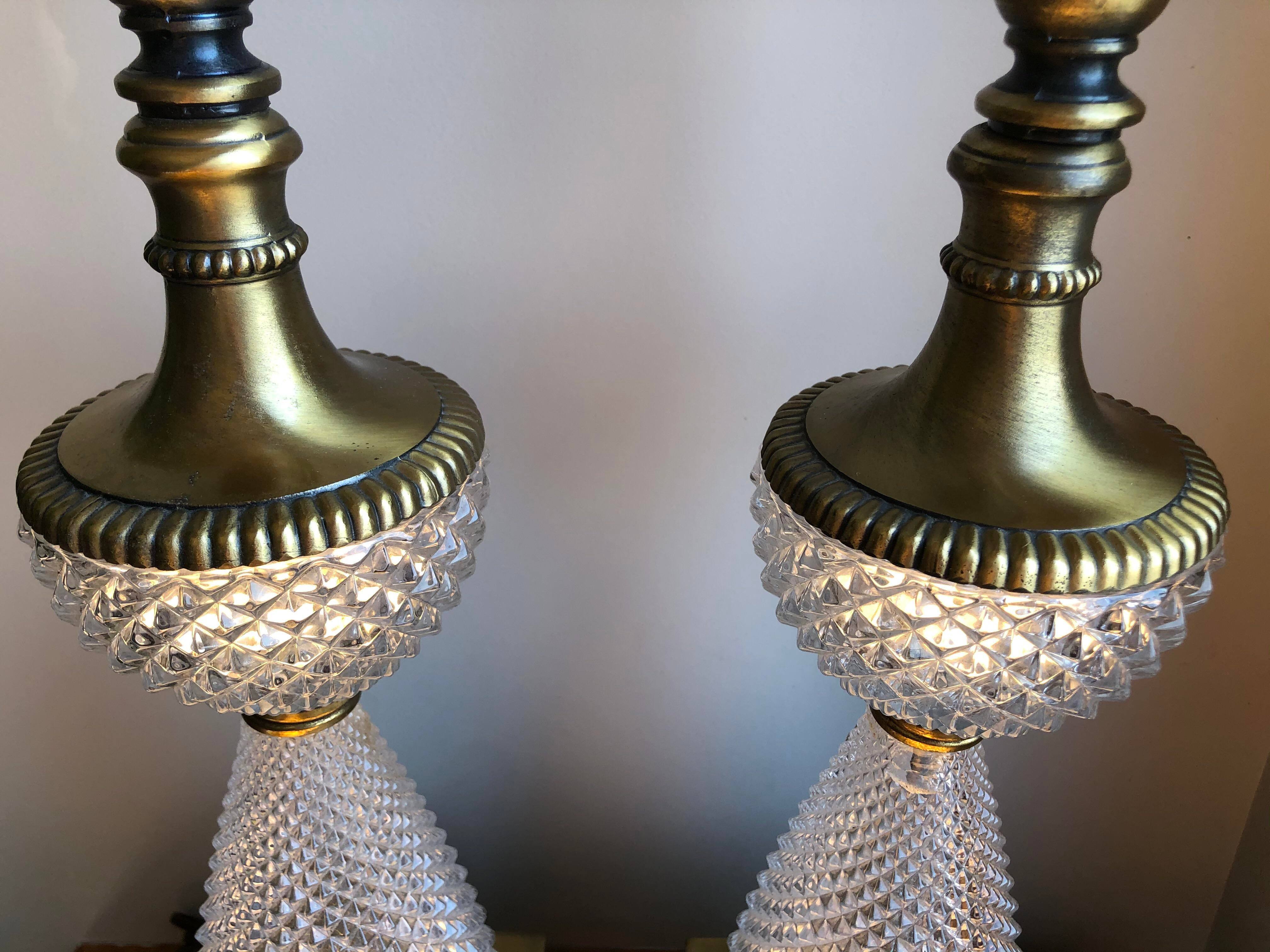1960s Italian Lead Crystal Brass Lamps - a Pair