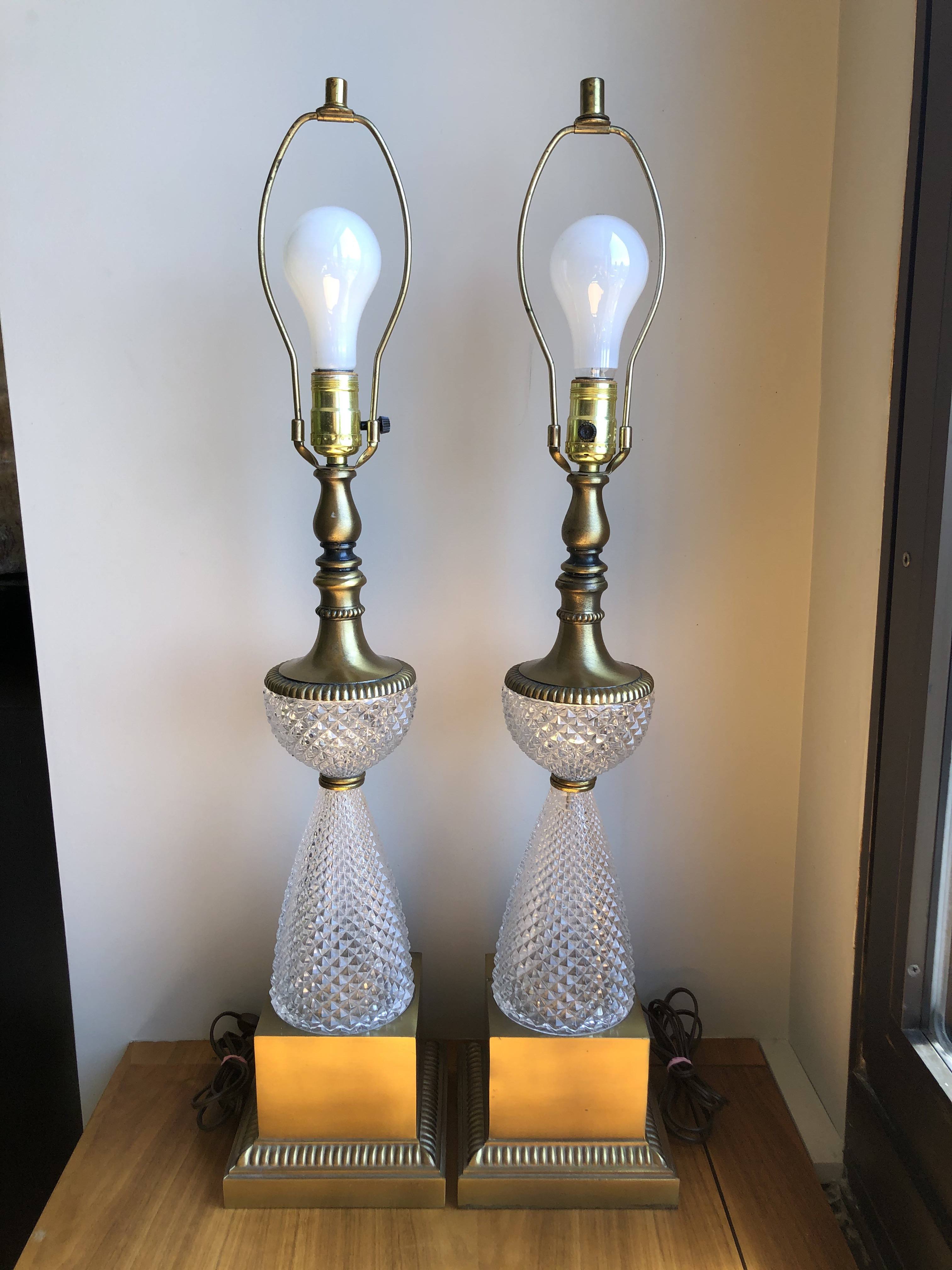 1960s Italian Lead Crystal Brass Lamps - a Pair