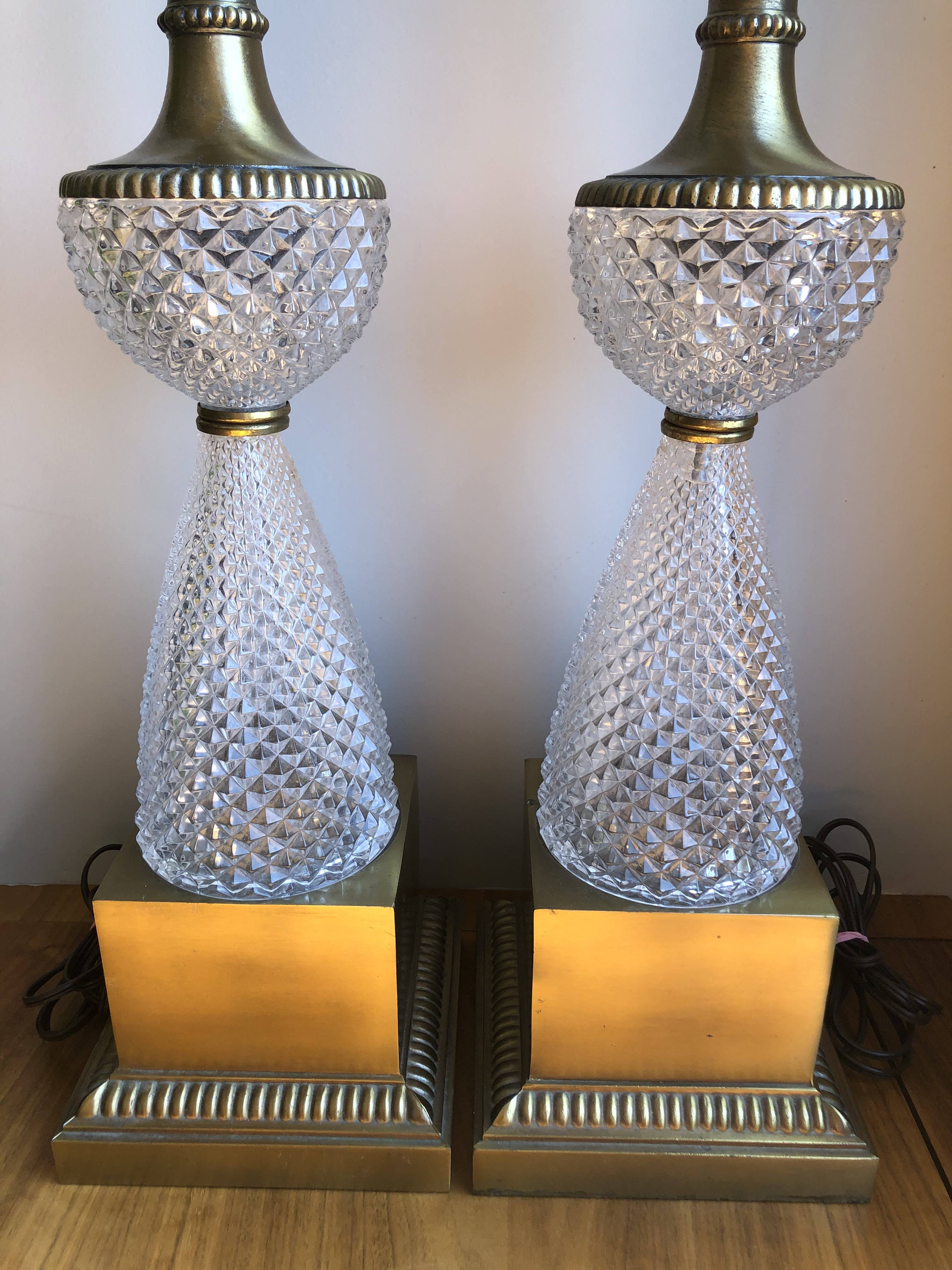 1960s Italian Lead Crystal Brass Lamps - a Pair