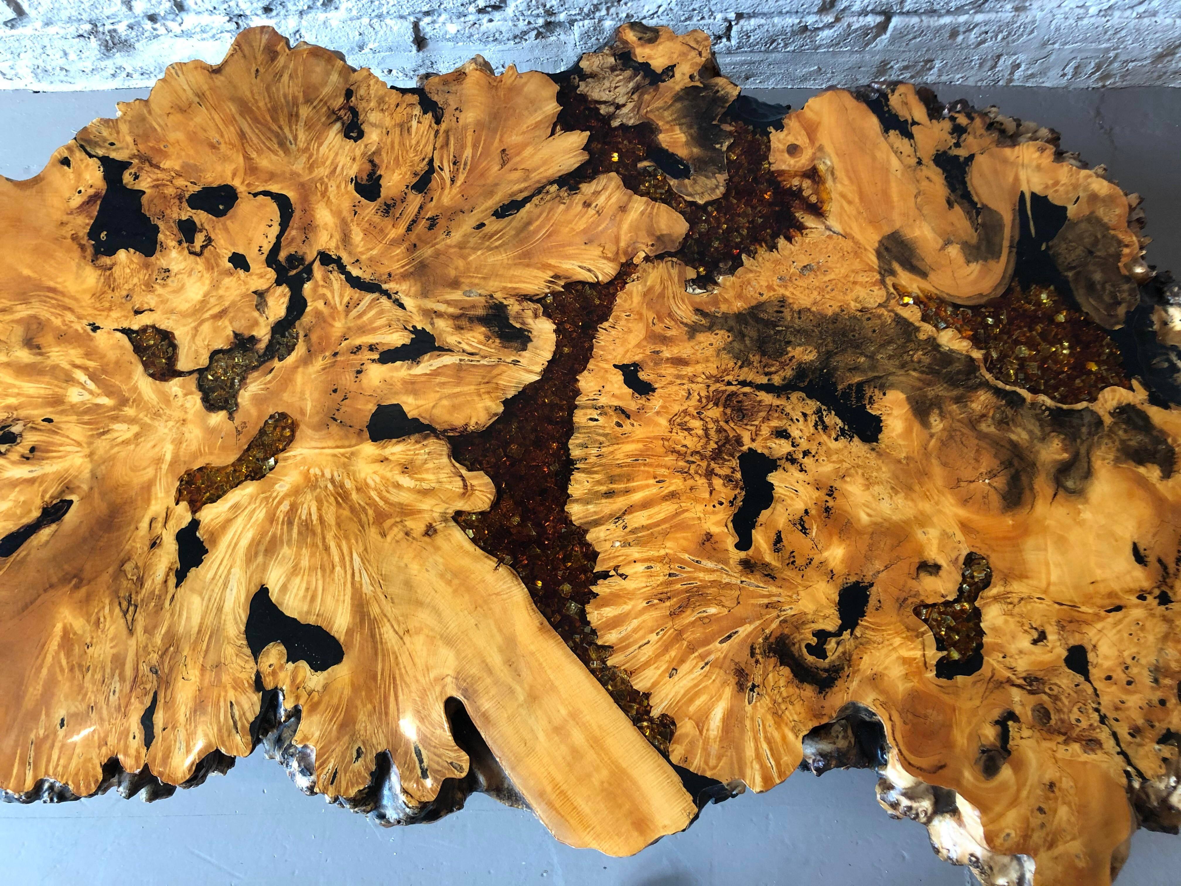 1960s Live Edge Burl Wood Epoxy Coffee Table