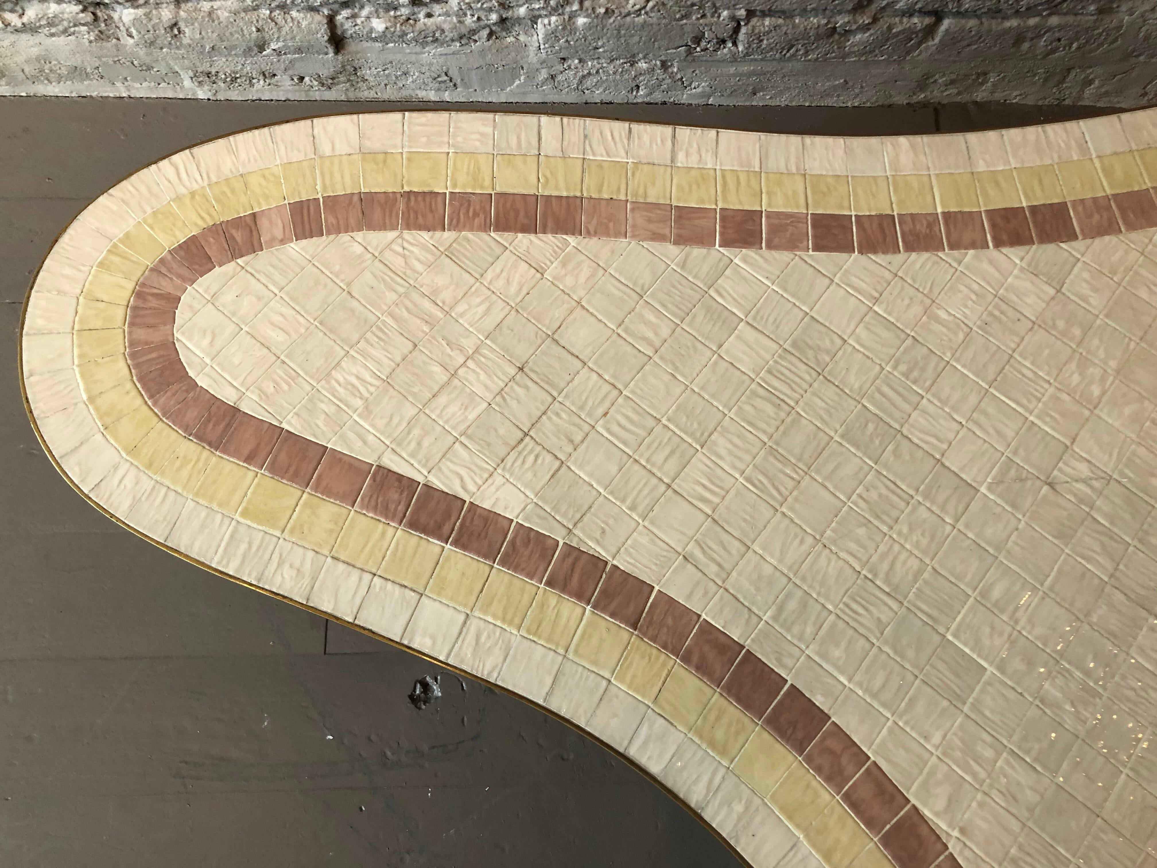 1960s Mid-Century Modern Brass and Mosaic Tile Coffee Table
