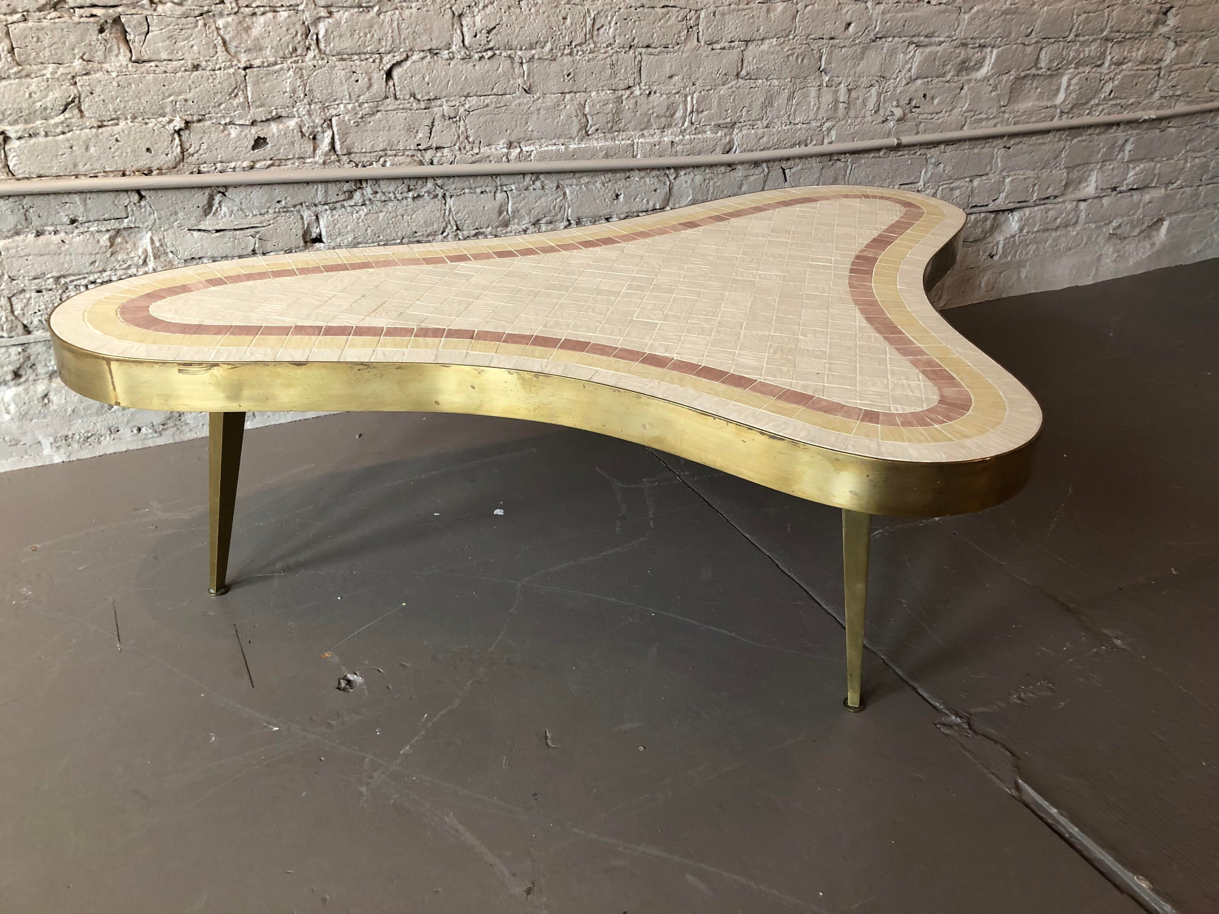 1960s Mid-Century Modern Brass and Mosaic Tile Coffee Table
