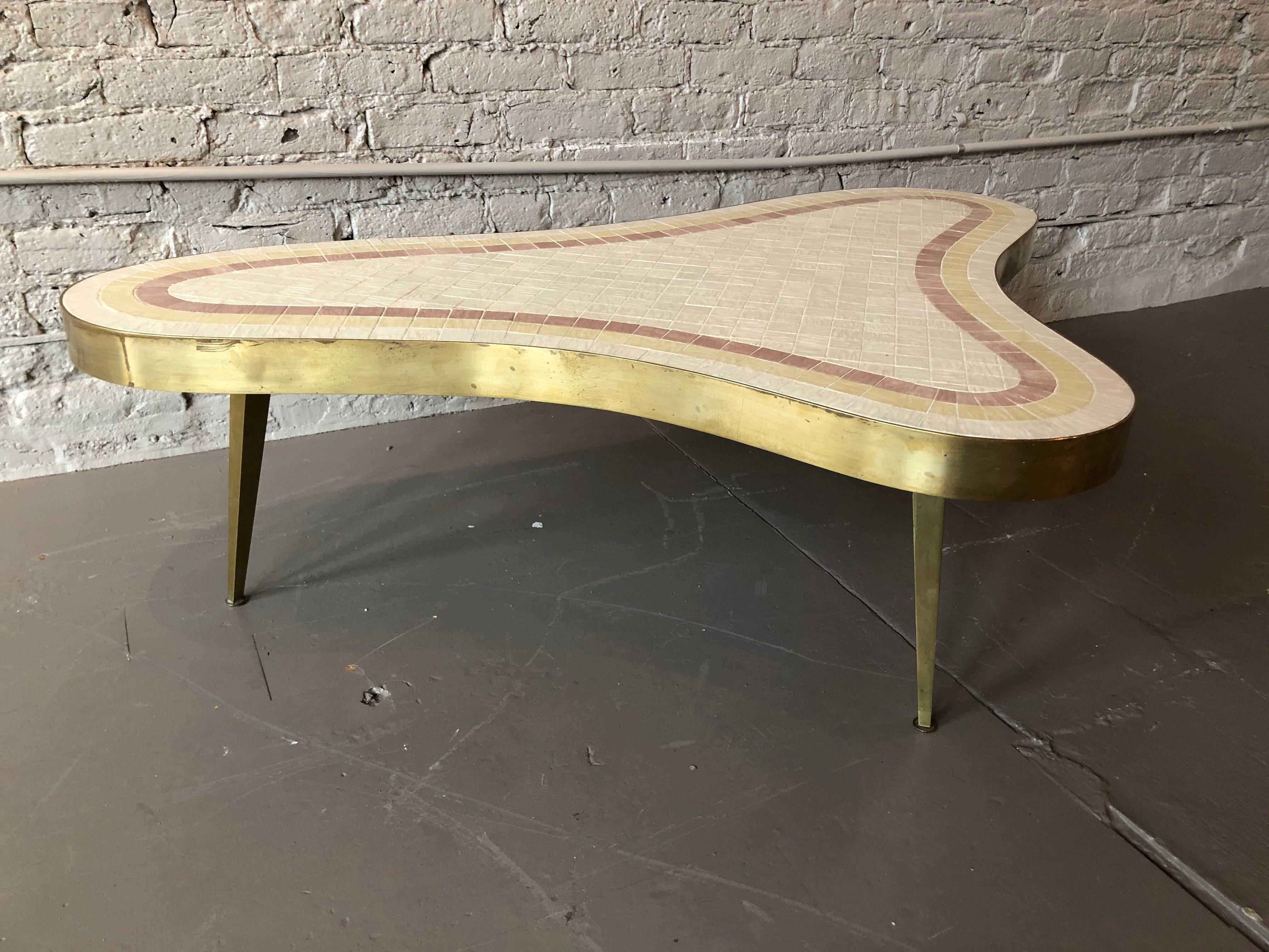 1960s Mid-Century Modern Brass and Mosaic Tile Coffee Table
