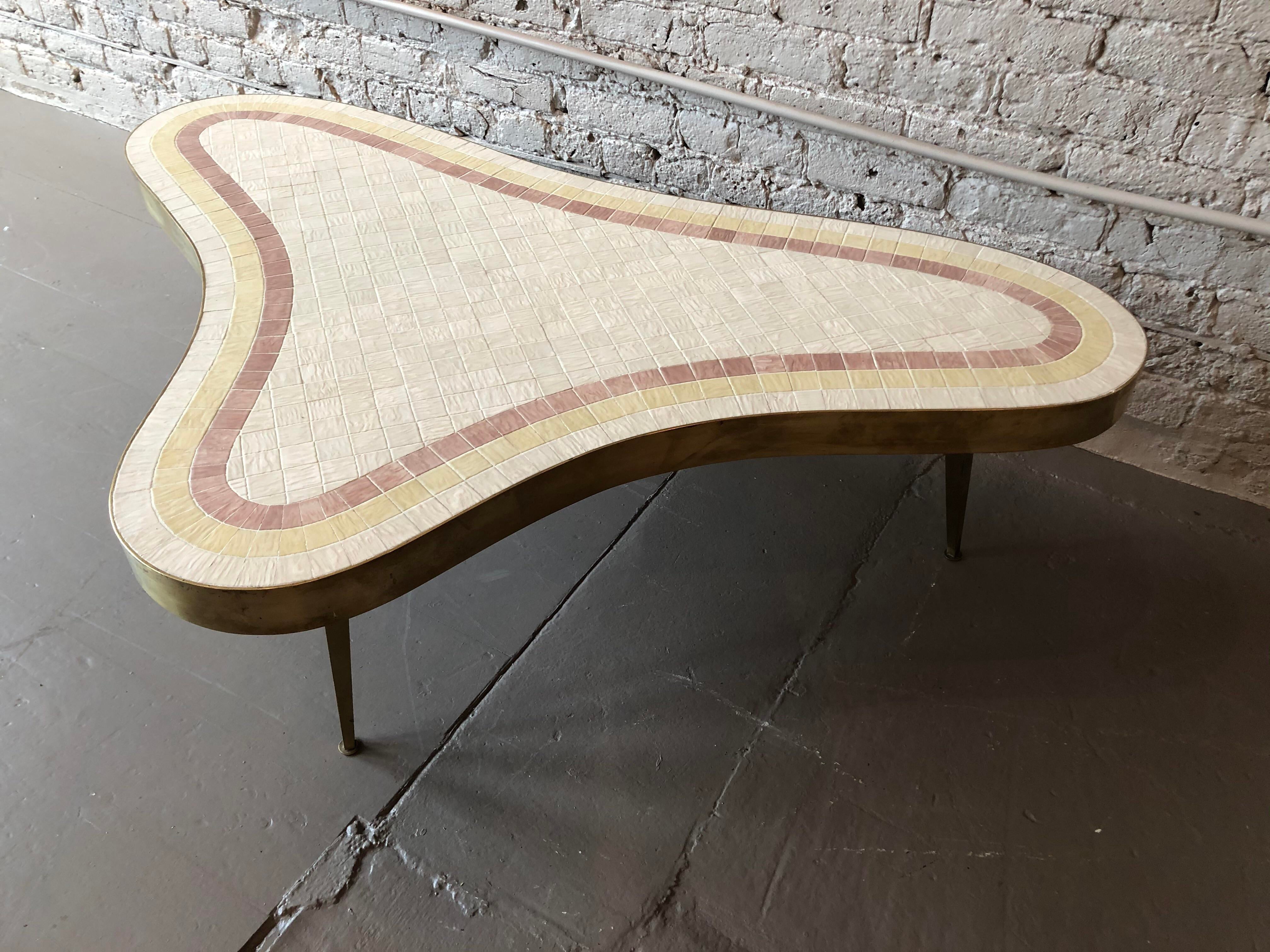1960s Mid-Century Modern Brass and Mosaic Tile Coffee Table