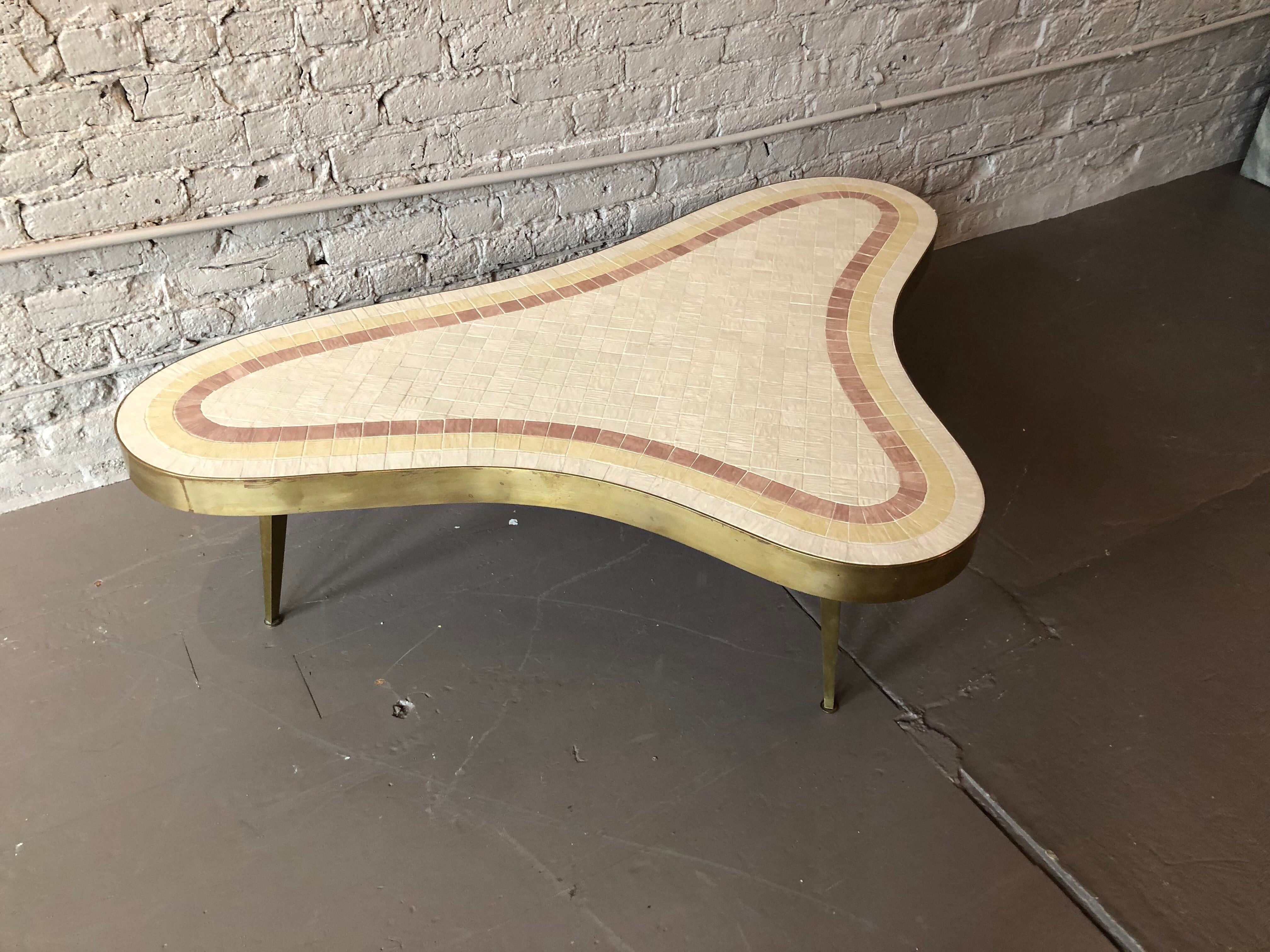 1960s Mid-Century Modern Brass and Mosaic Tile Coffee Table