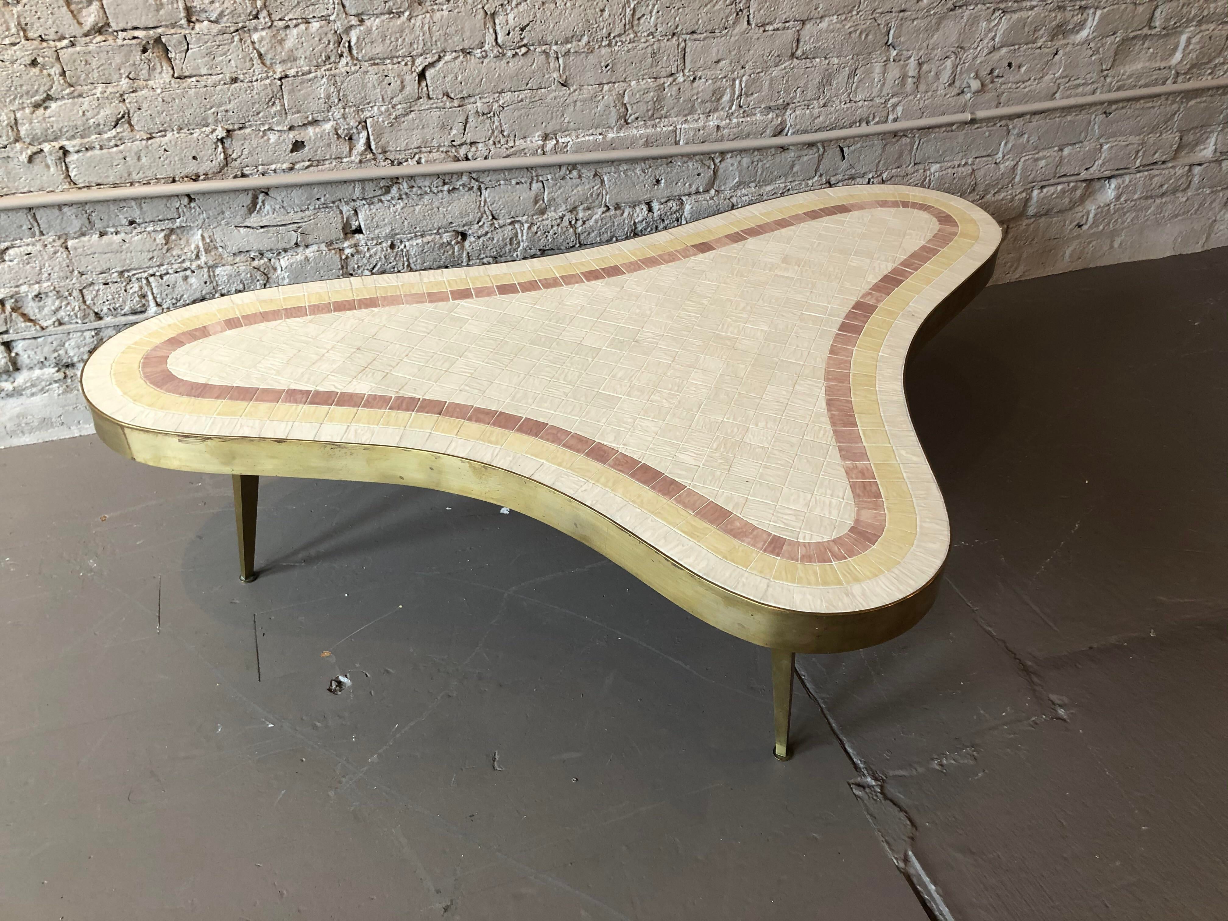 1960s Mid-Century Modern Brass and Mosaic Tile Coffee Table
