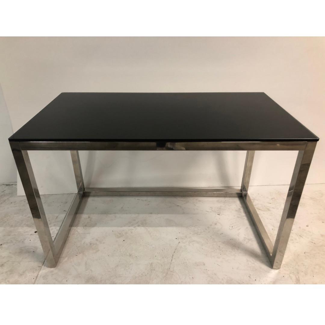 1960s Milo Baughman Style Mid Century Black Glass Chrome Writing Desk