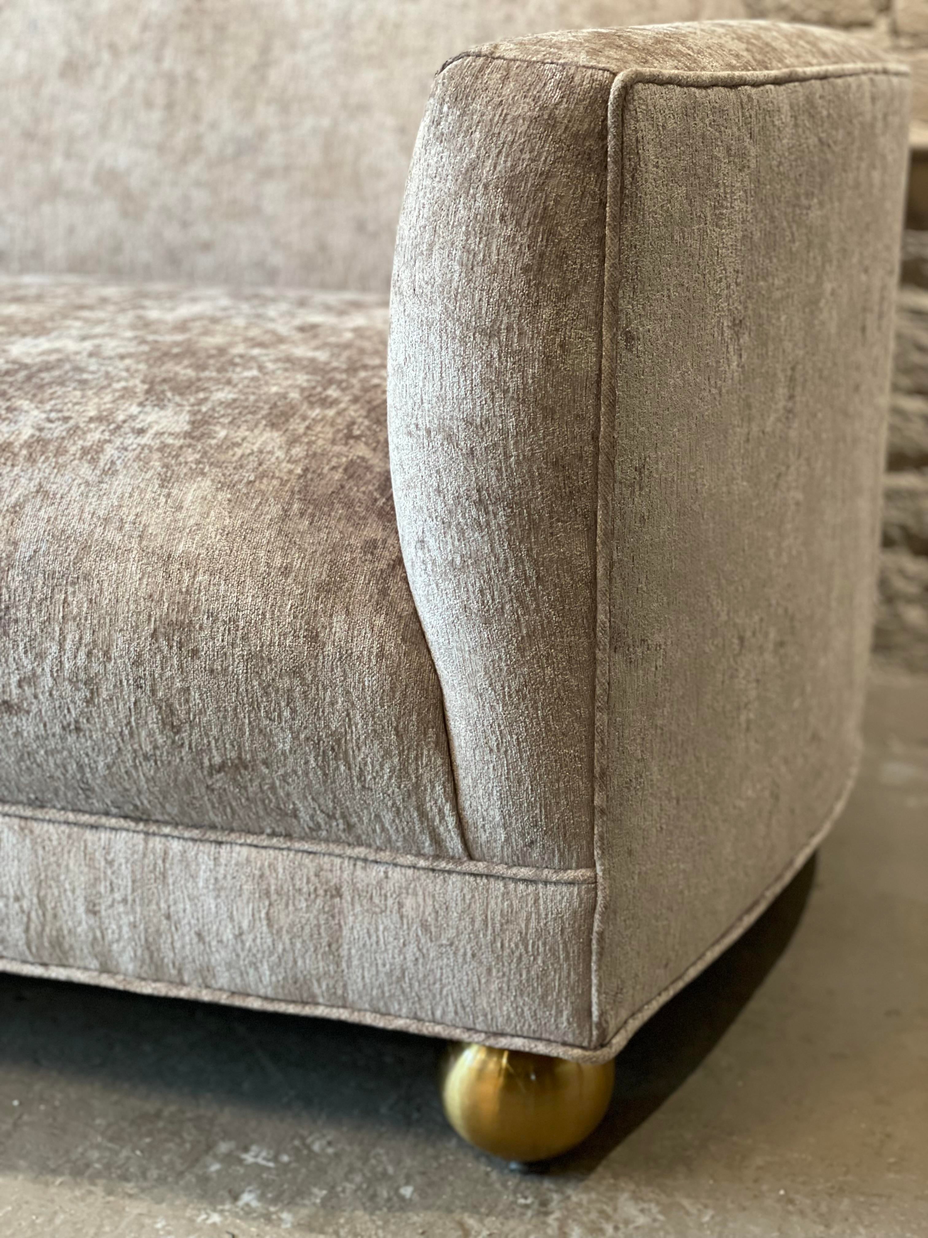 1960s Rowe Sofa in Oyster Velvet With Brass Feet