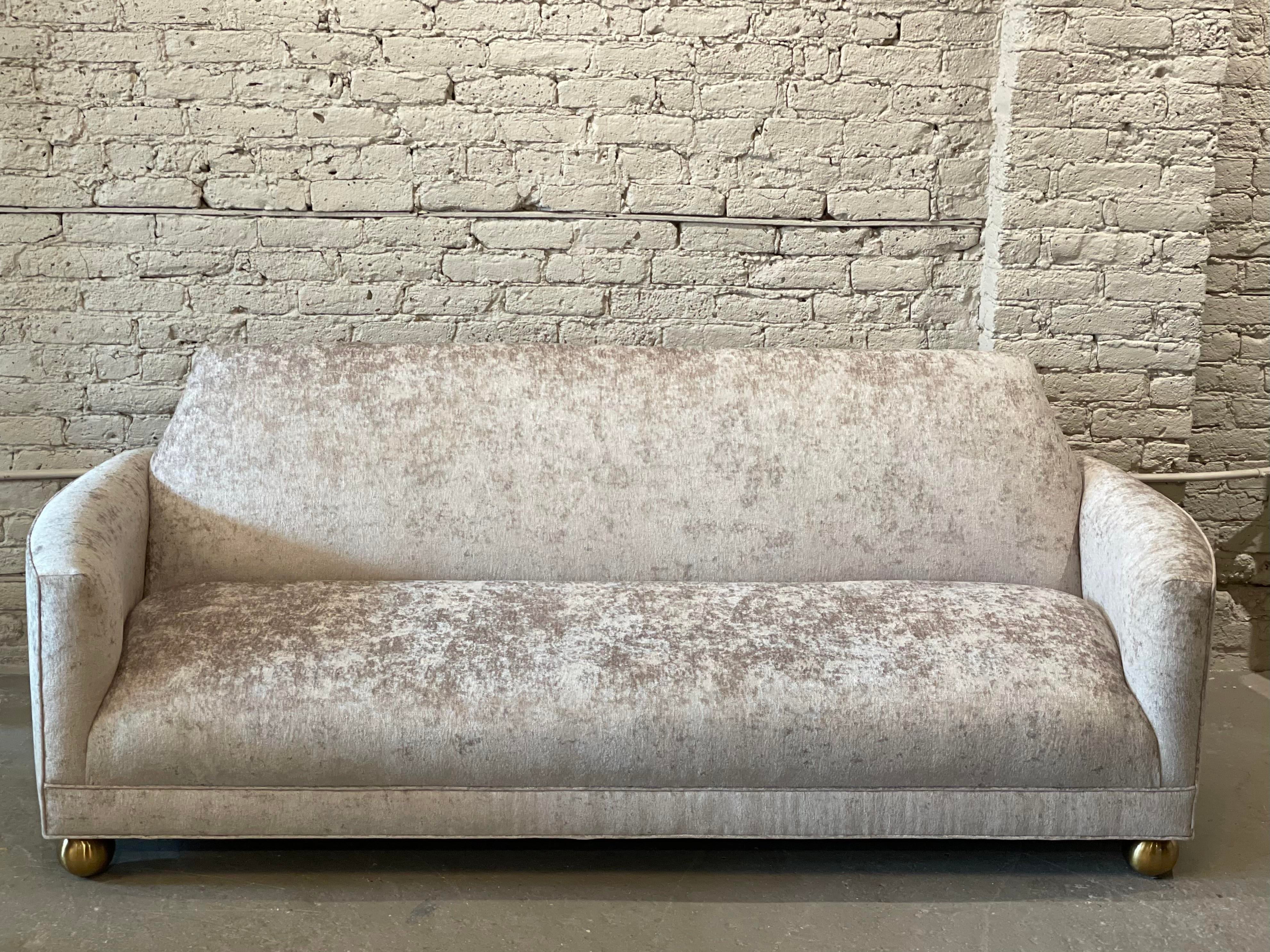 1960s Rowe Sofa in Oyster Velvet With Brass Feet