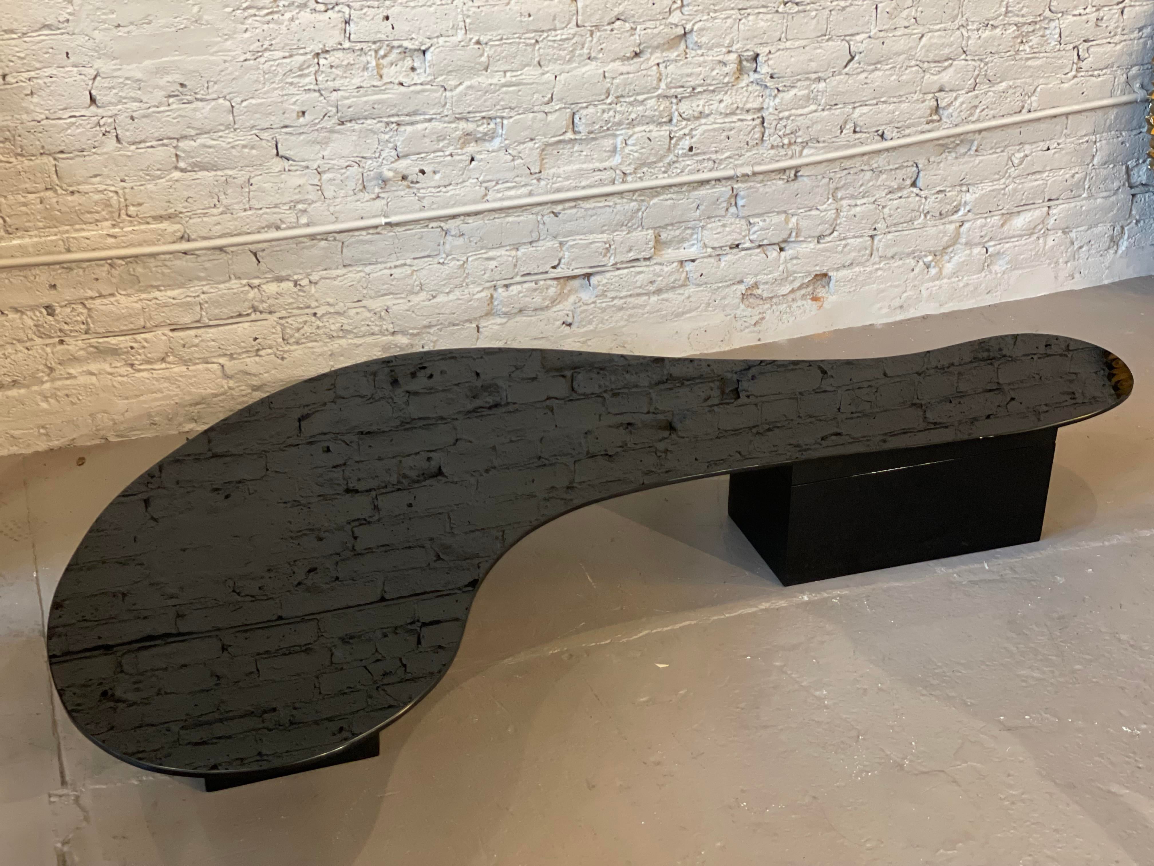 1970s Black Glass Custom Biomorphic Kidney Shape Coffee Table