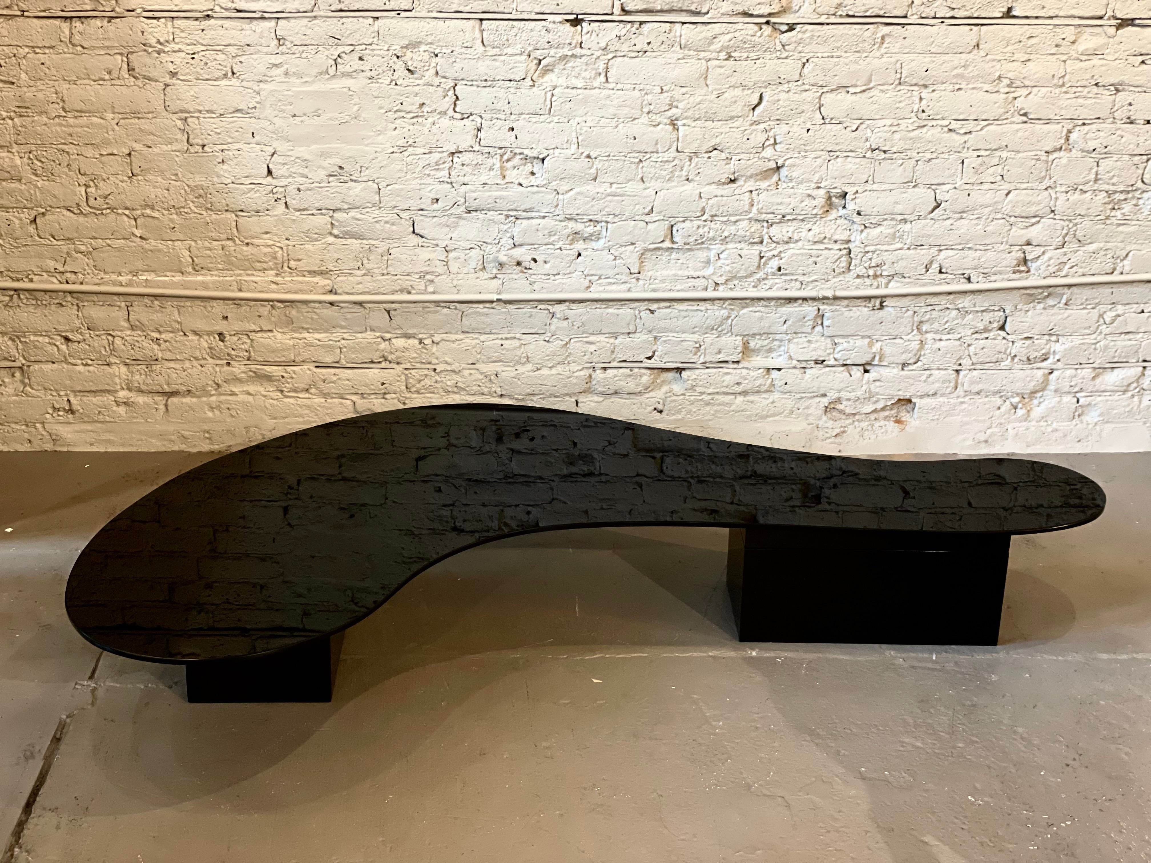 1970s Black Glass Custom Biomorphic Kidney Shape Coffee Table