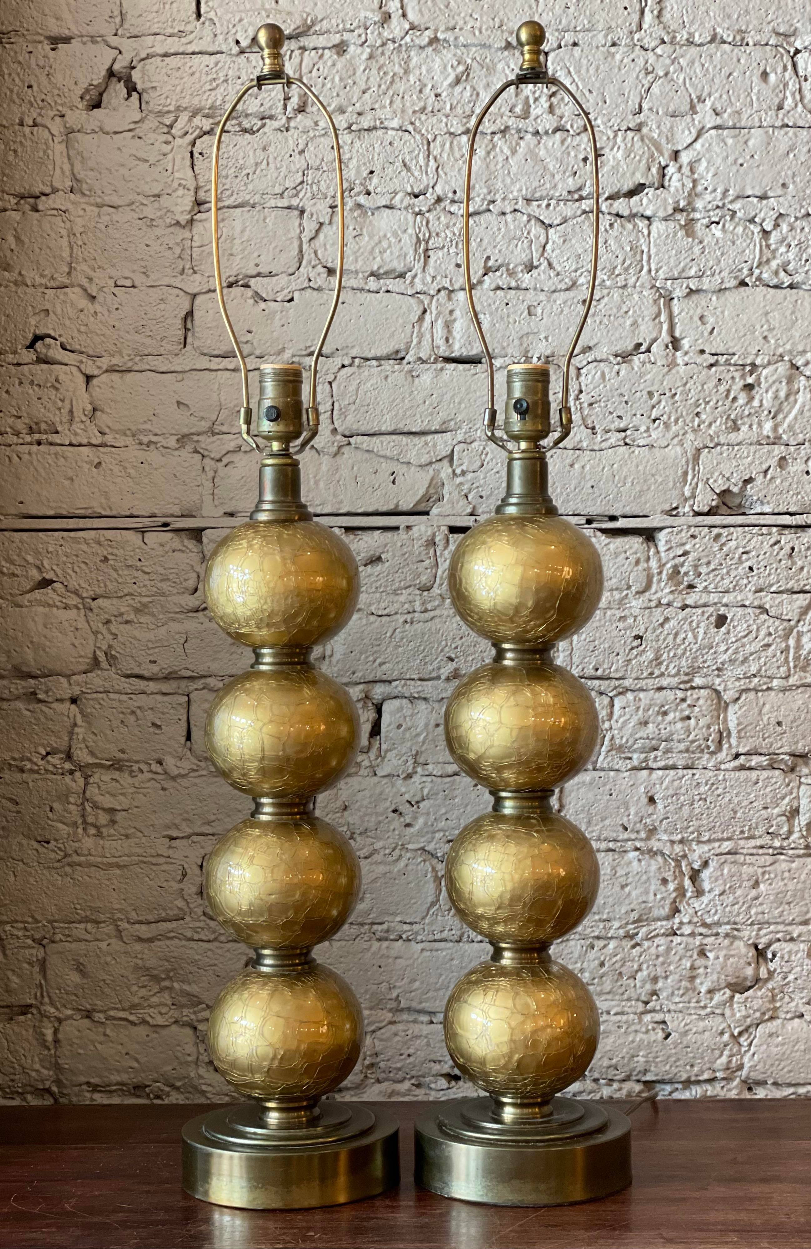 1970s Gold Crackle Glass Globe Lamps - a Pair
