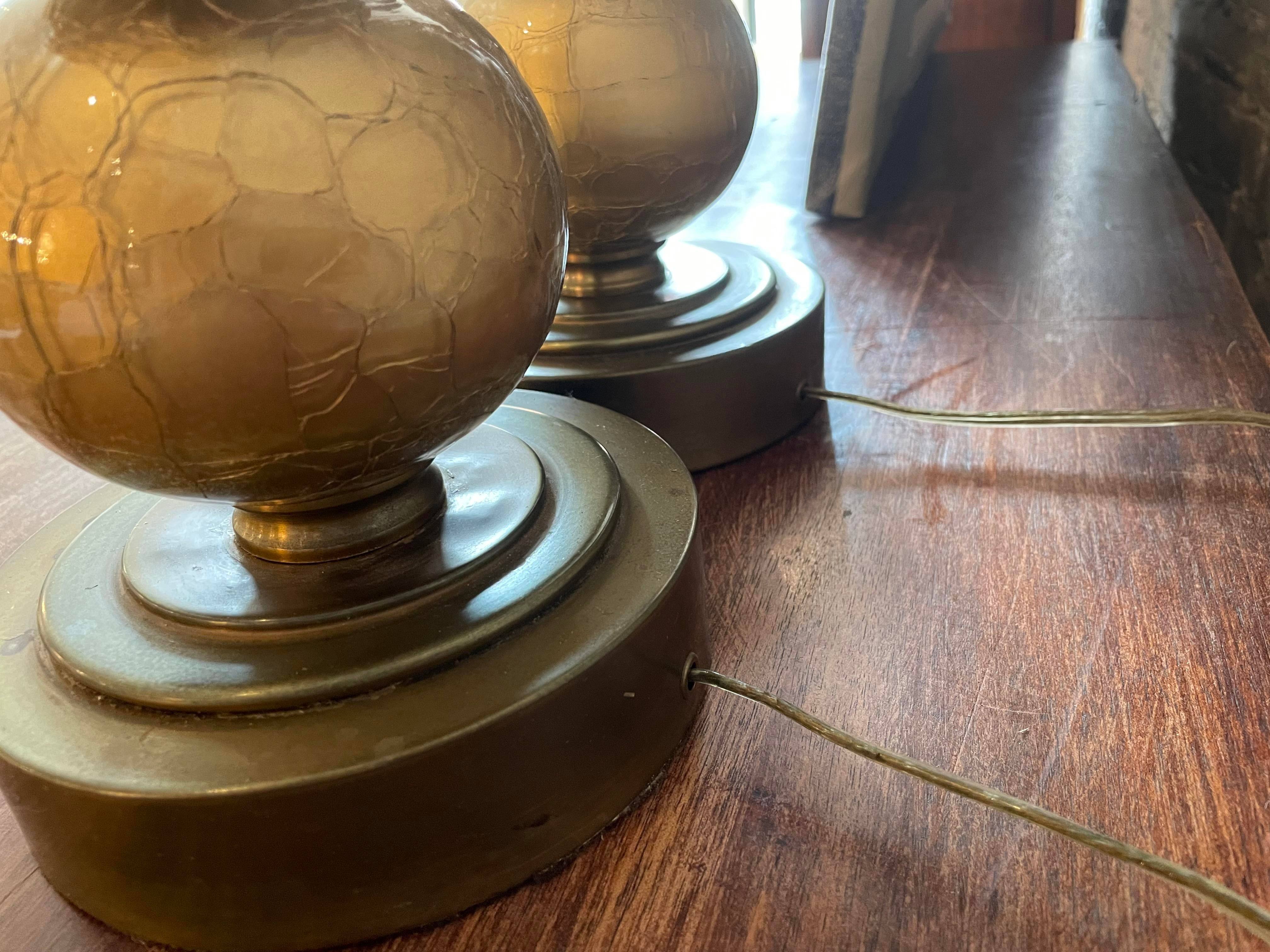 1970s Gold Crackle Glass Globe Lamps - a Pair