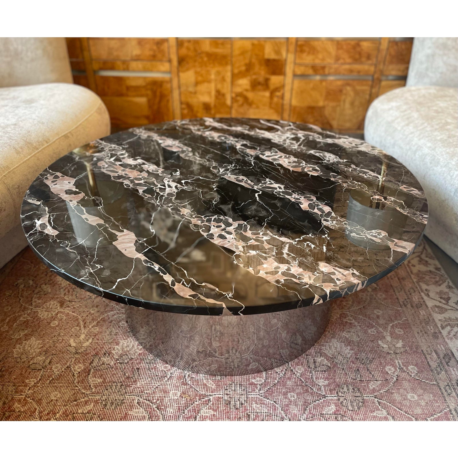 1970s Italian Nero Portoro Round Marble Coffee Table Vintage