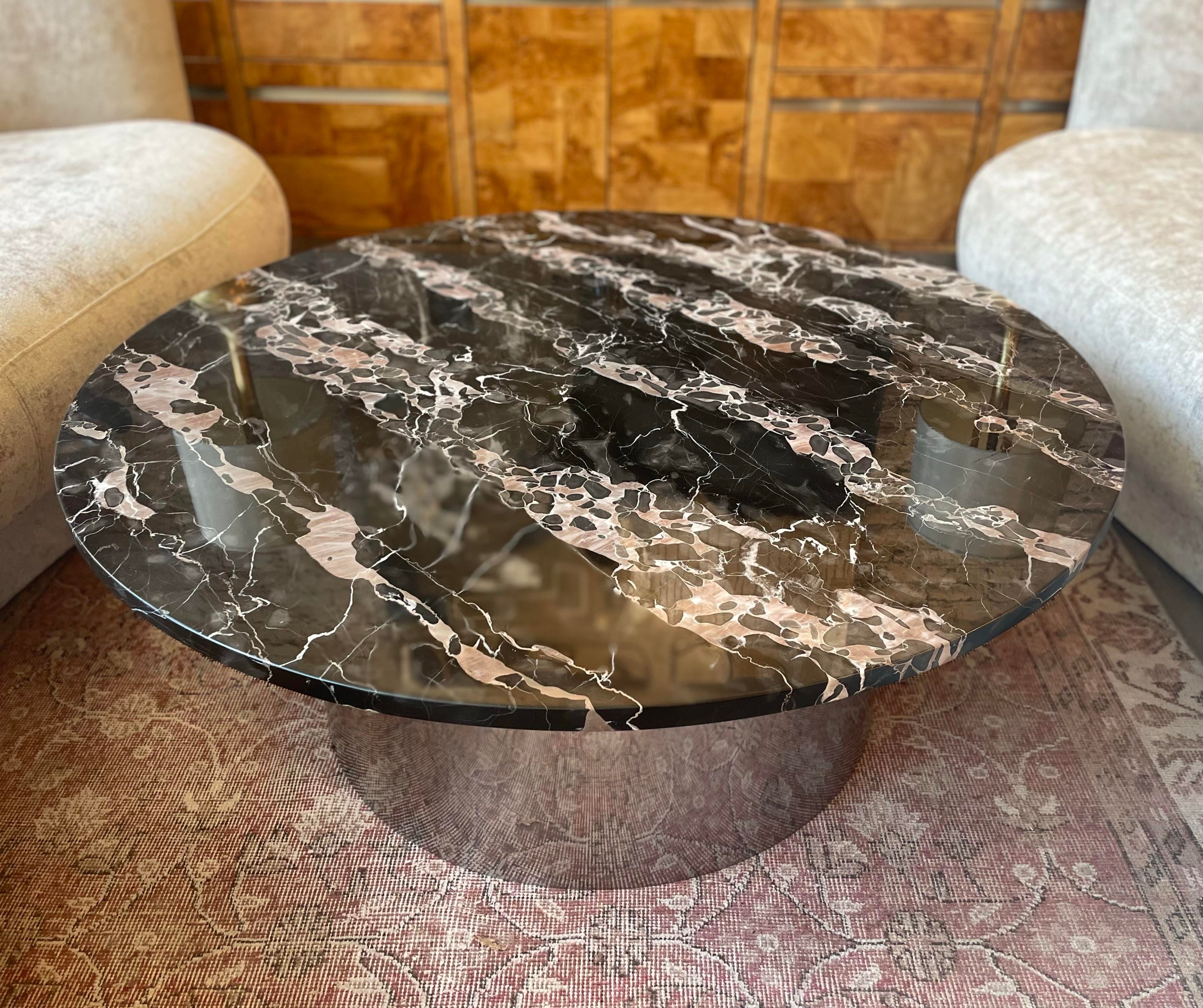 1970s Italian Nero Portoro Round Marble Coffee Table Vintage