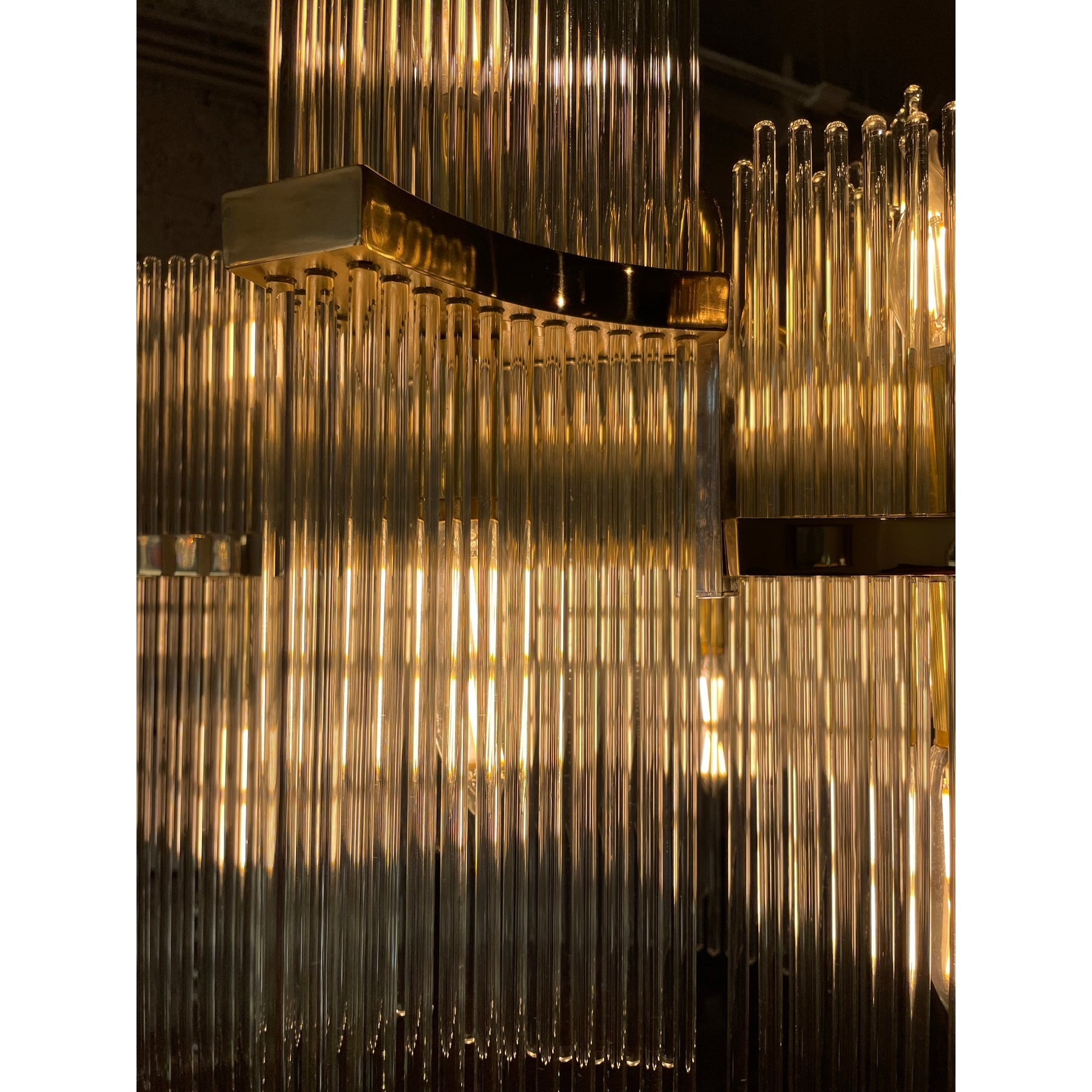 1970s Italian Vintage Gaetano Sciolari Glass Rod and Brass Chandelier