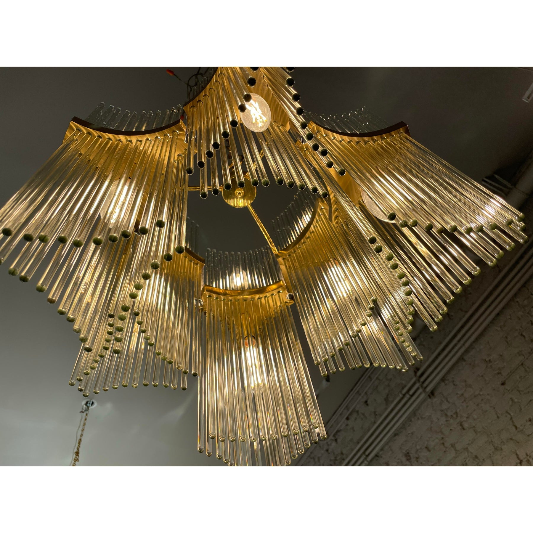1970s Italian Vintage Gaetano Sciolari Glass Rod and Brass Chandelier