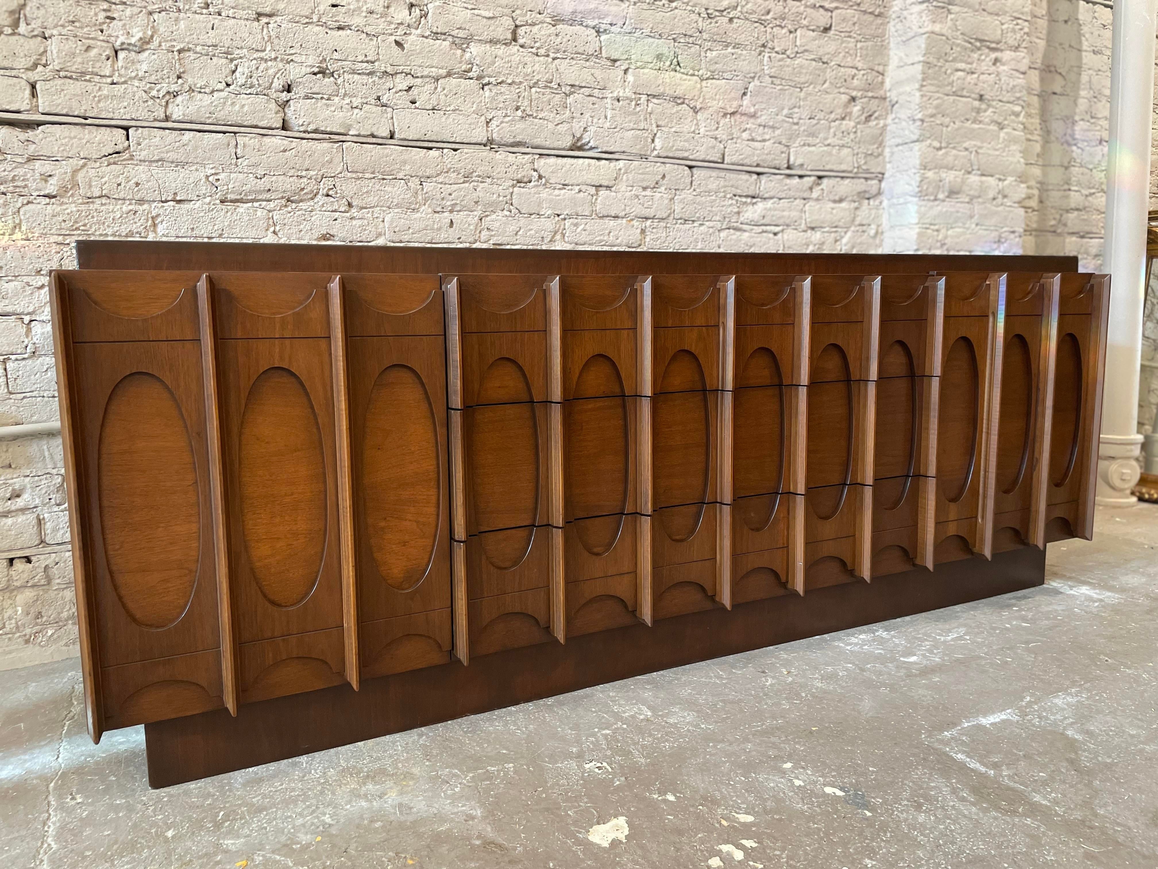1970s Lane Brutalist Wood Lowboy Dresser