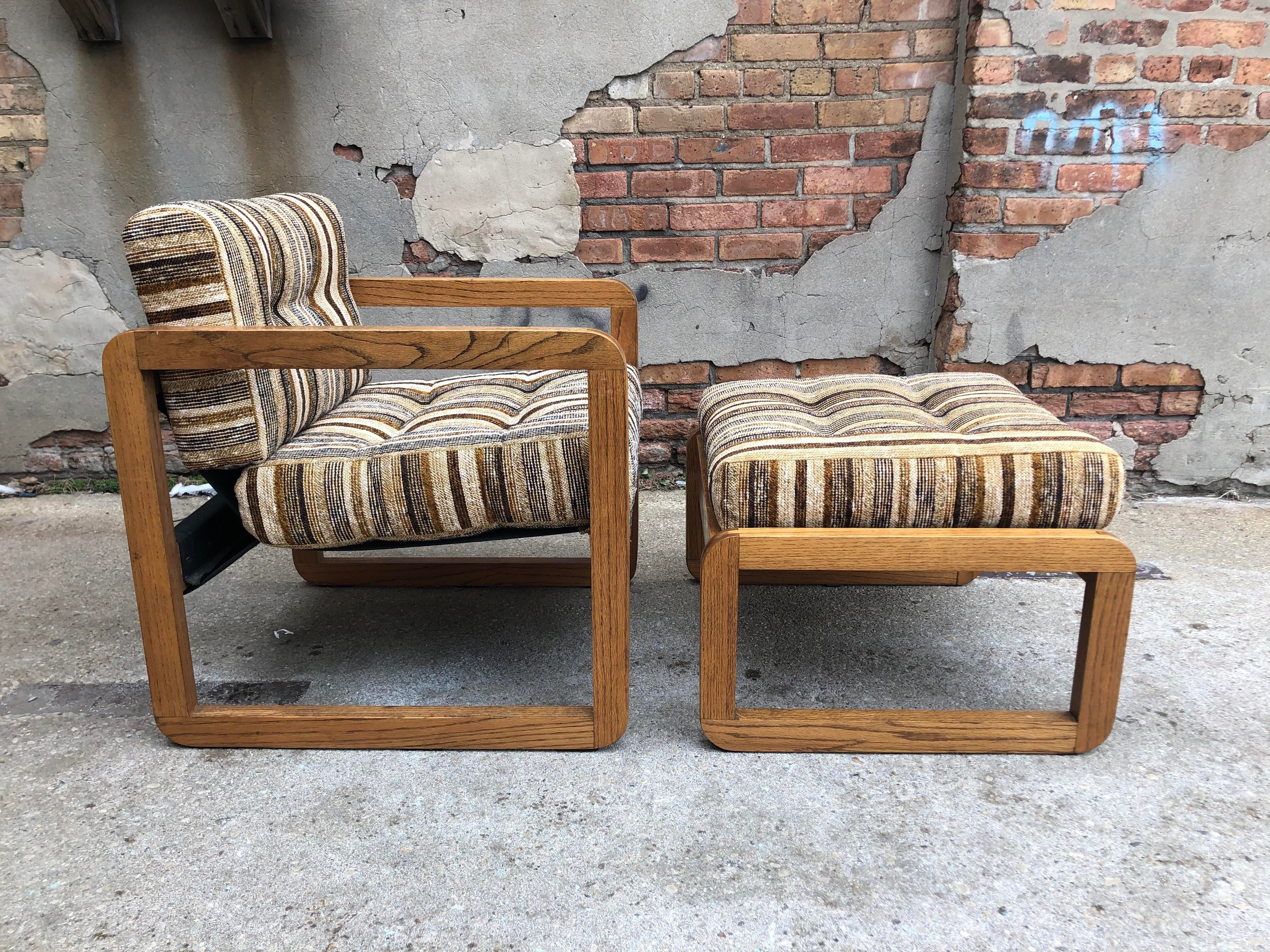 1970s Oak Sling Chair and Ottoman - A Pair