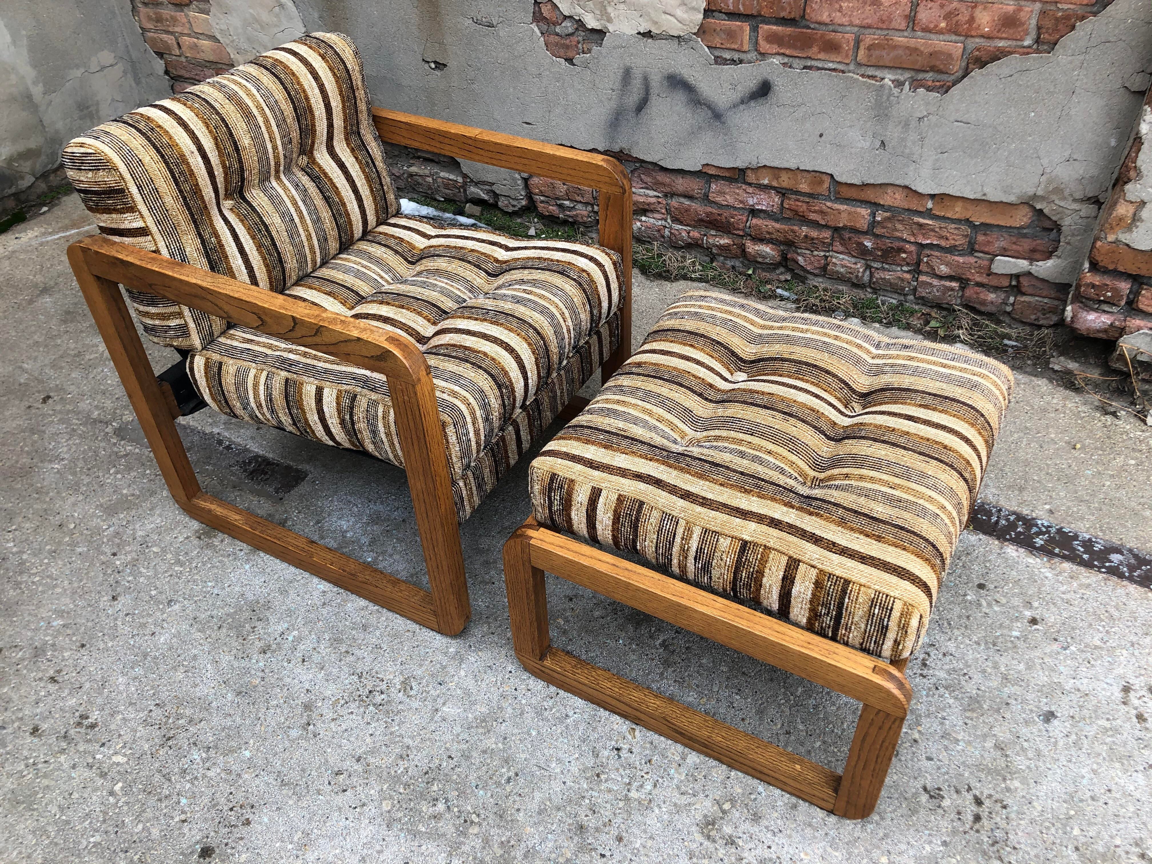 1970s Oak Sling Chair and Ottoman - A Pair