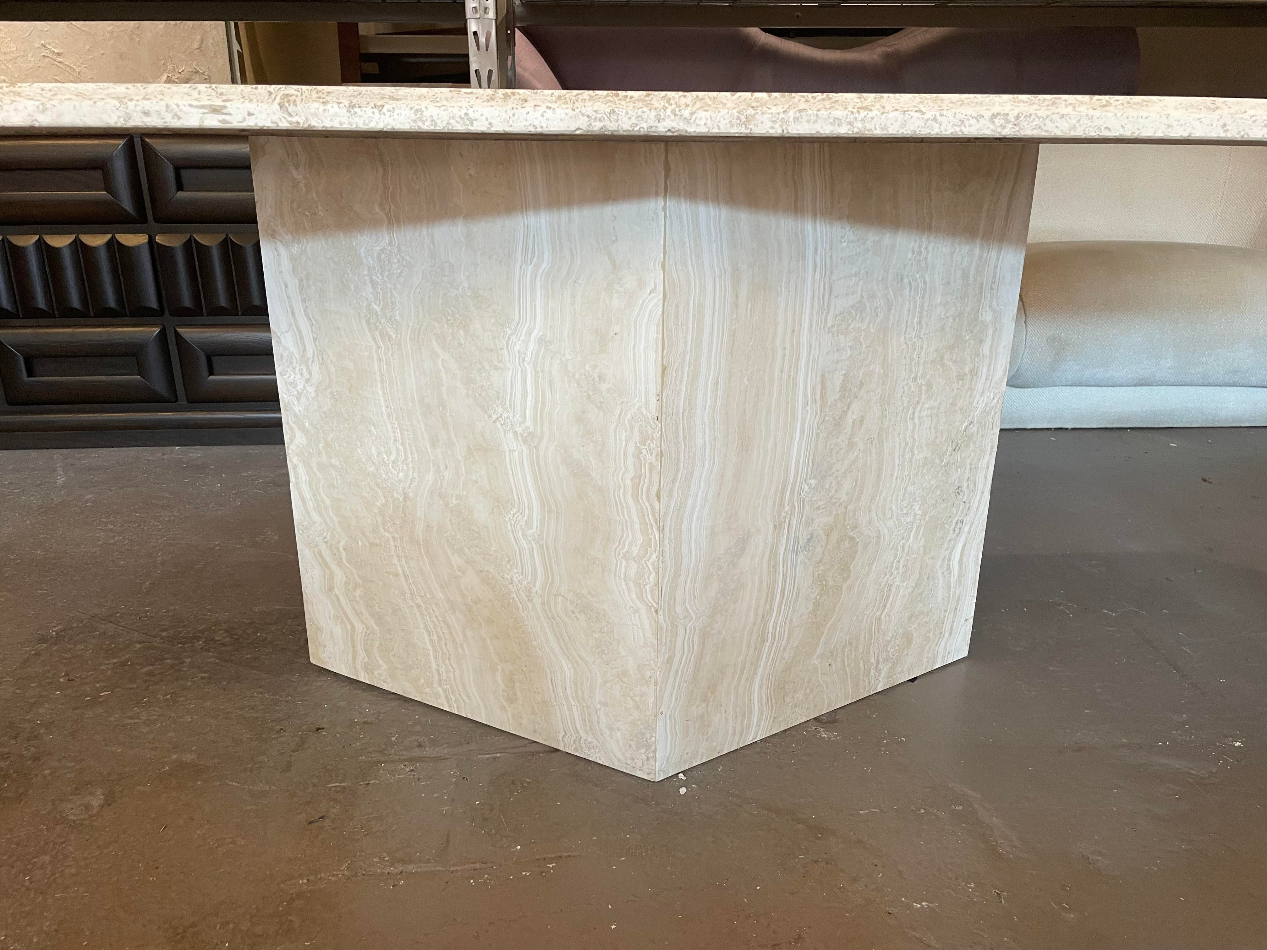 1970s Postmodern Travertine Dining Table With Angled Edge Top and Base