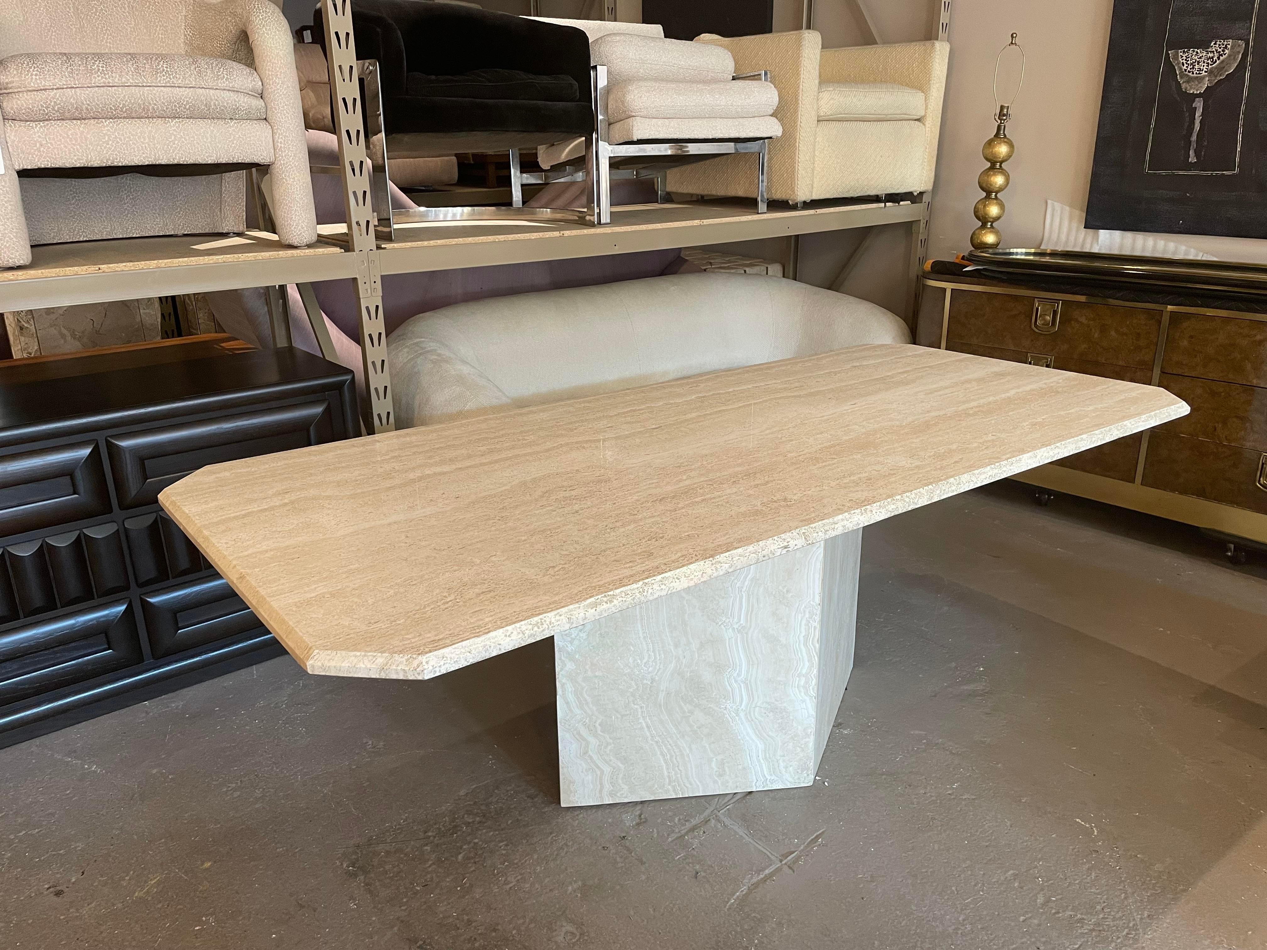 1970s Postmodern Travertine Dining Table With Angled Edge Top and Base