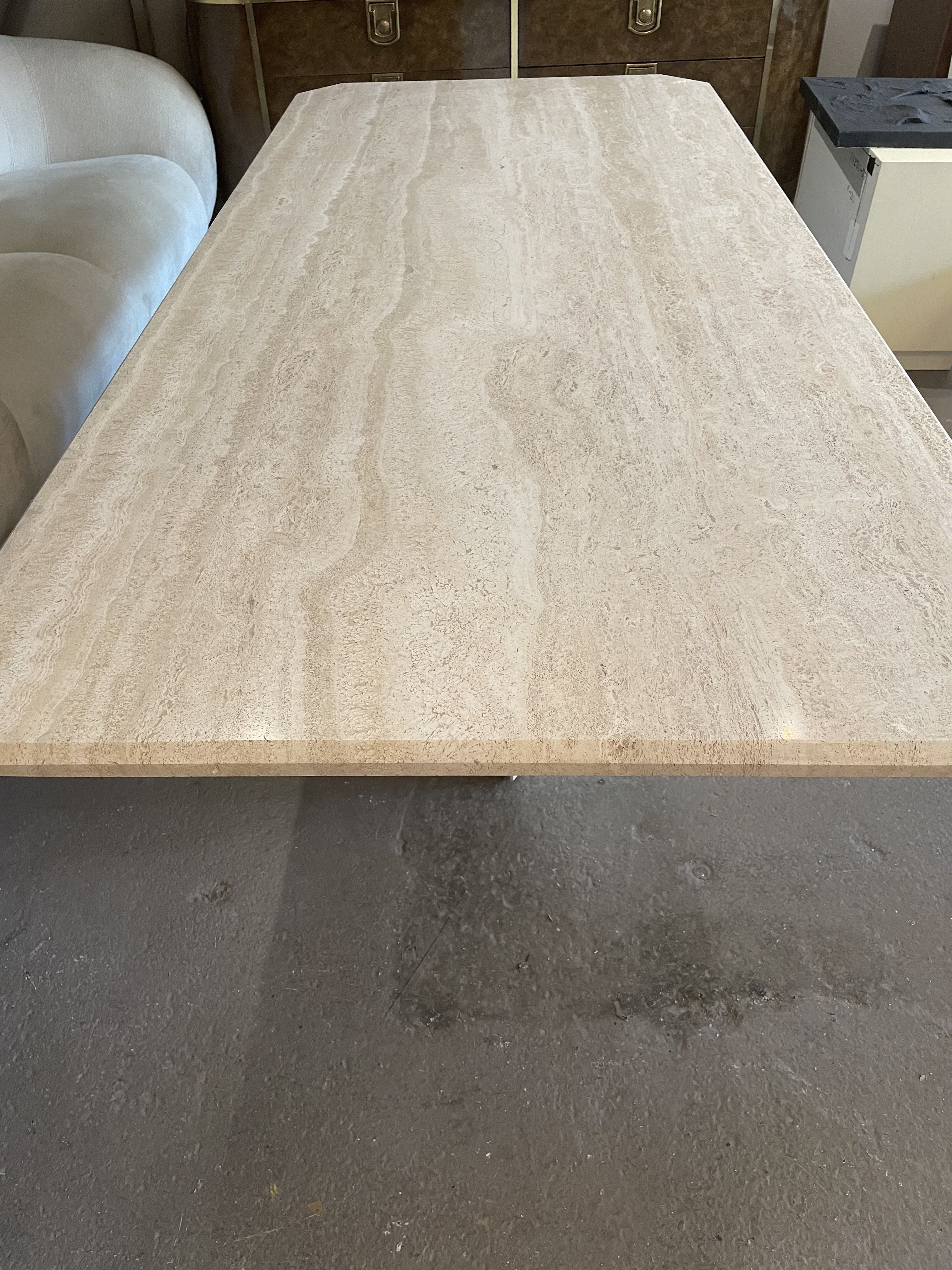 1970s Postmodern Travertine Dining Table With Angled Edge Top and Base