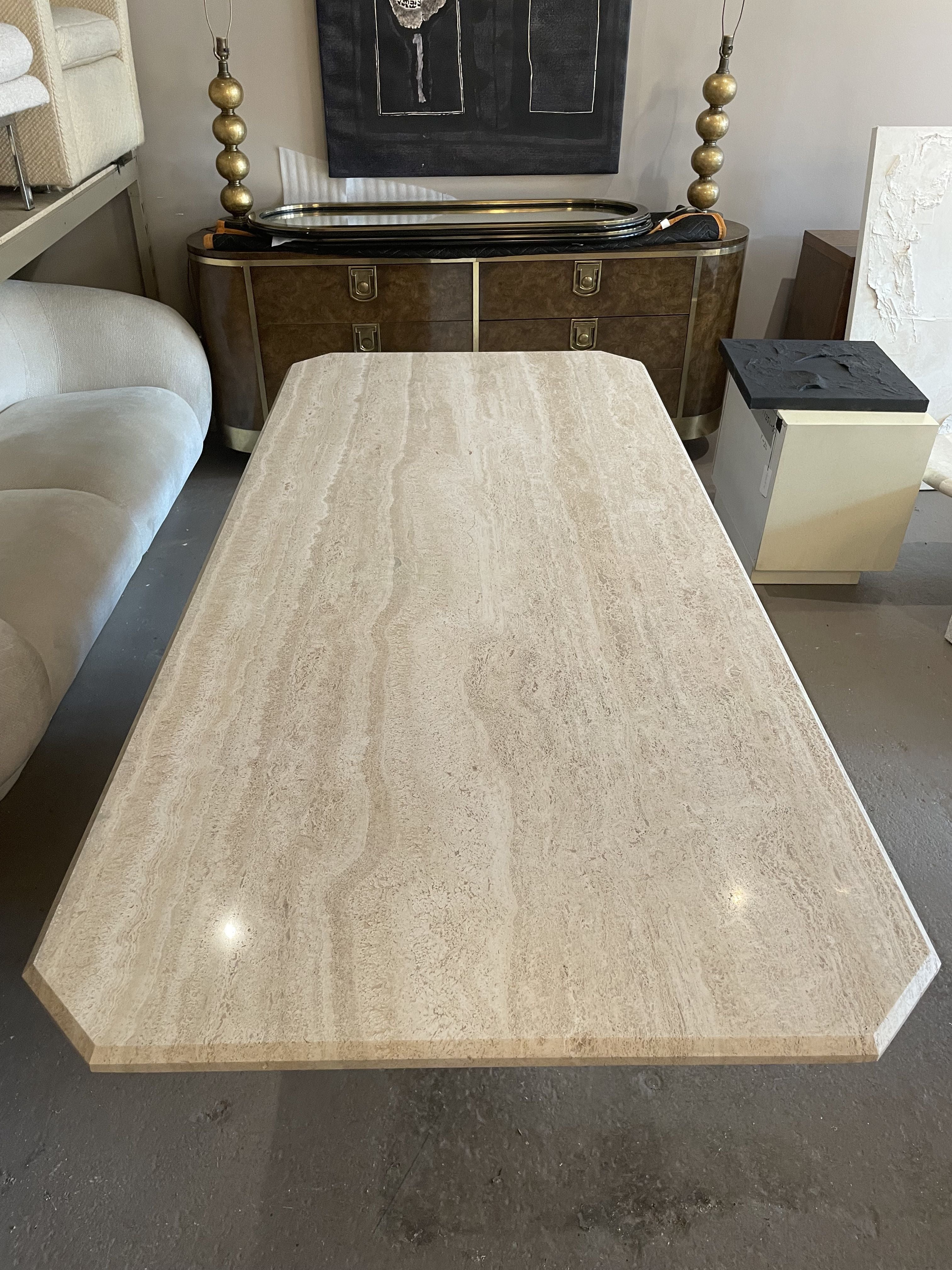 1970s Postmodern Travertine Dining Table With Angled Edge Top and Base