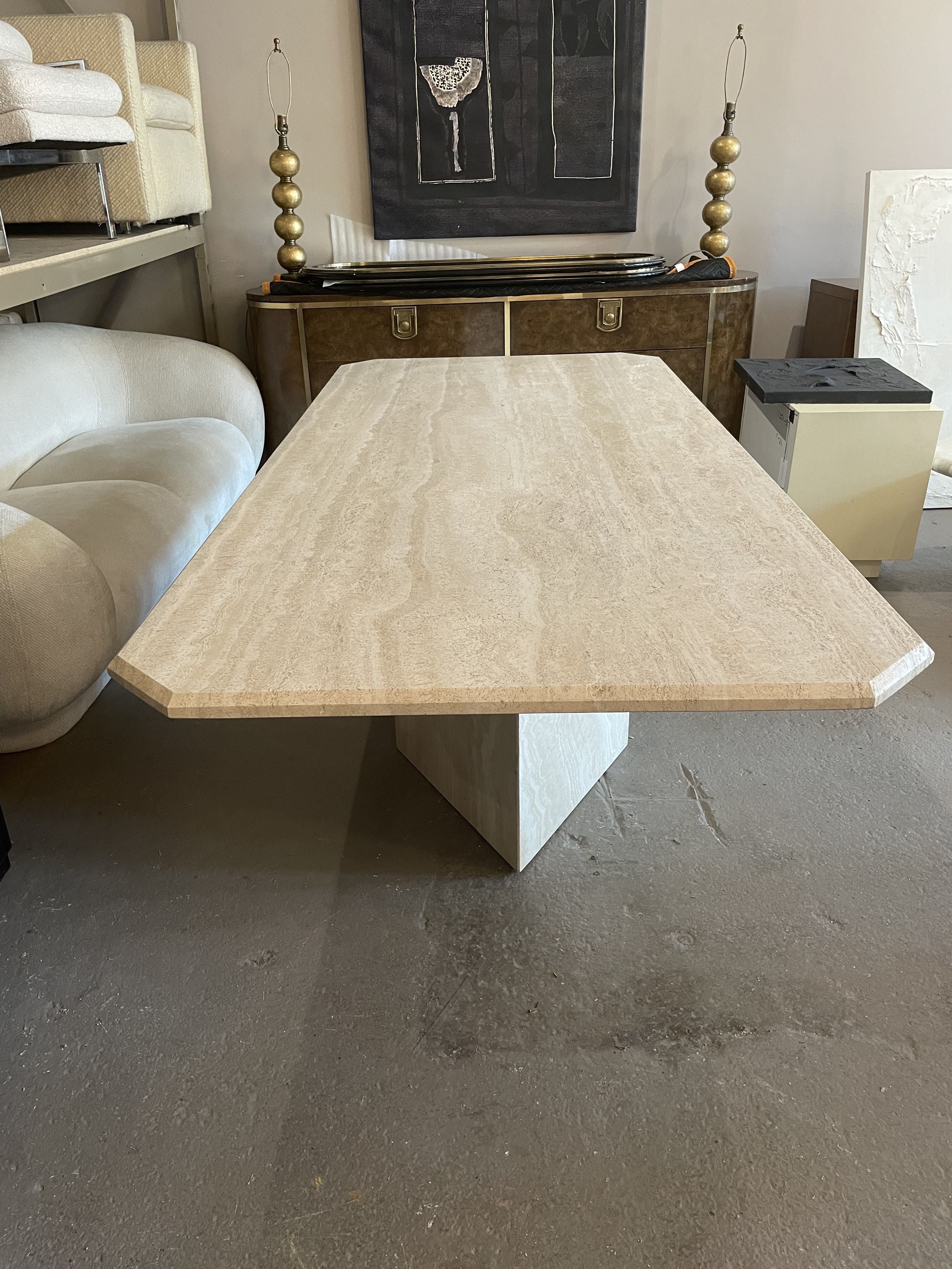 1970s Postmodern Travertine Dining Table With Angled Edge Top and Base