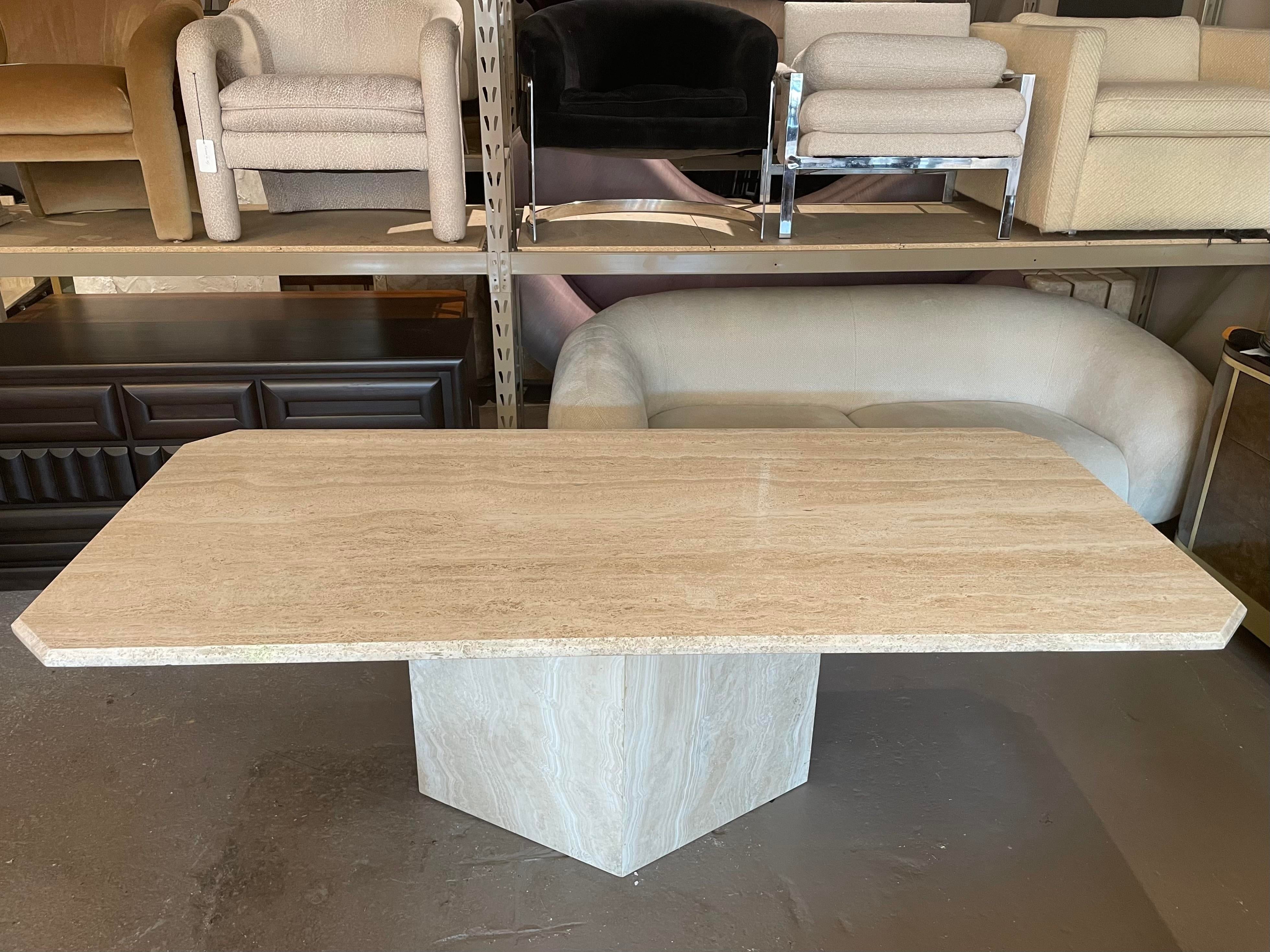 1970s Postmodern Travertine Dining Table With Angled Edge Top and Base
