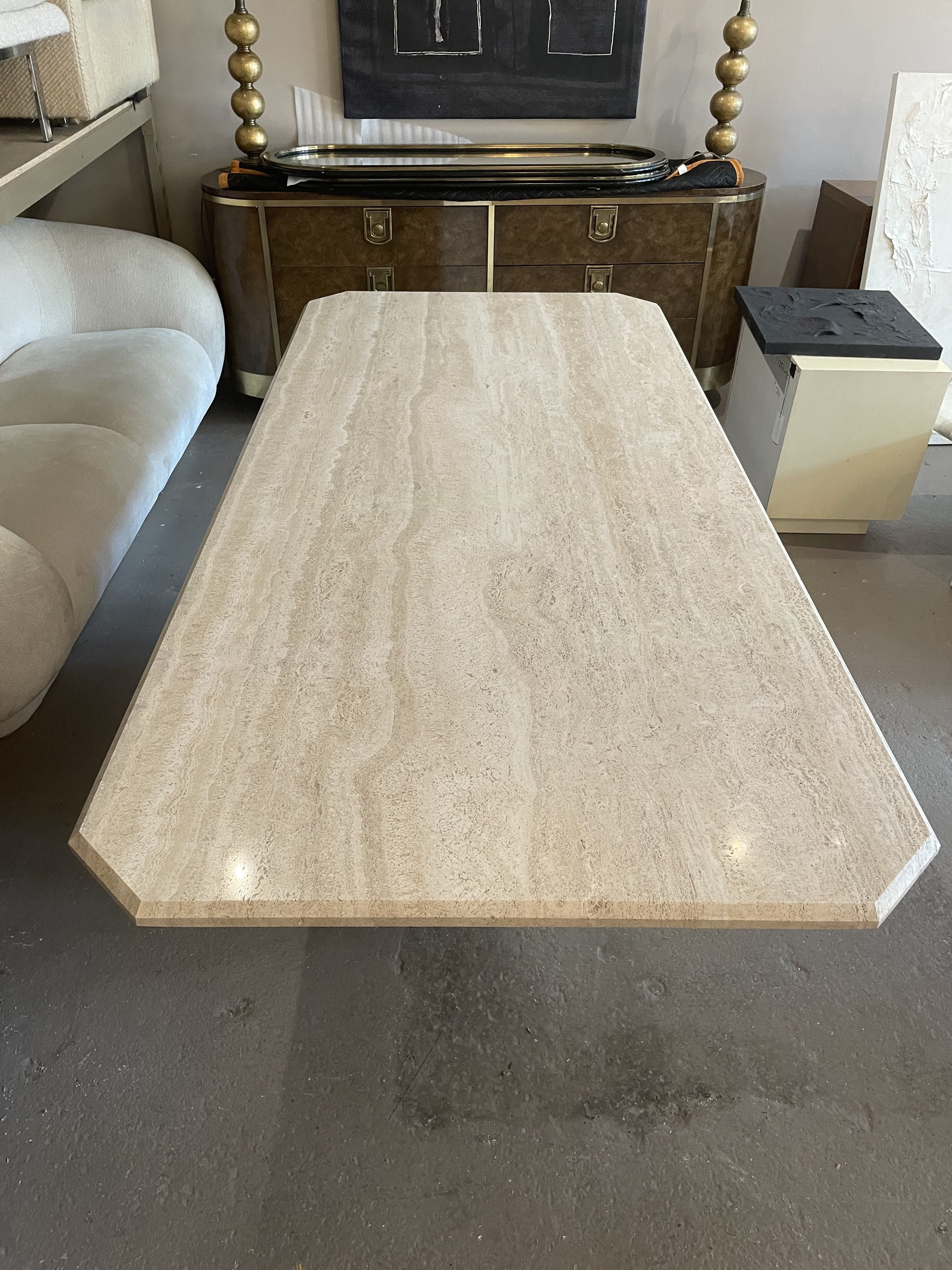 1970s Postmodern Travertine Dining Table With Angled Edge Top and Base