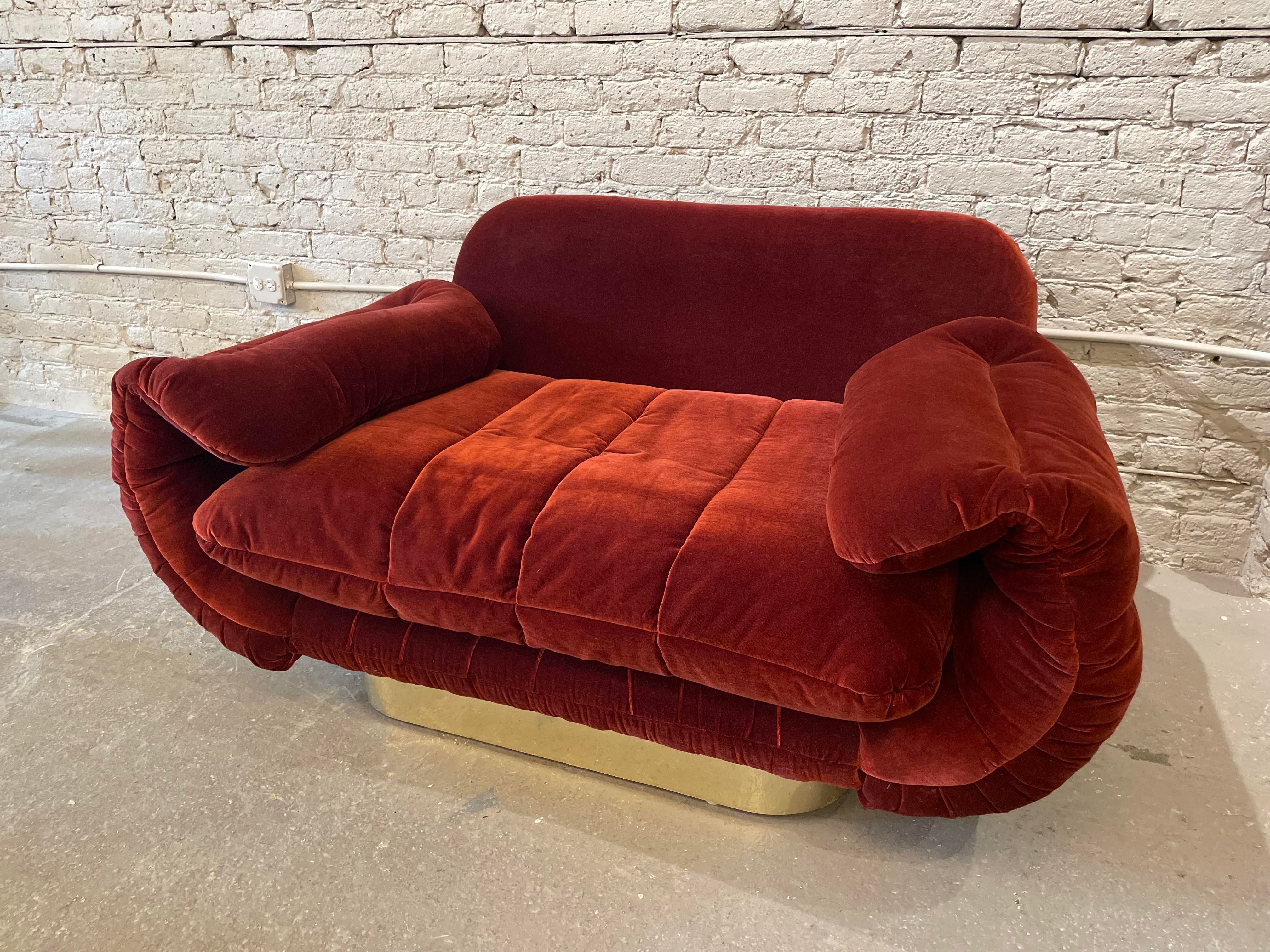 1970s Red Loveseat with Curved Arms & Brass Plinth Base