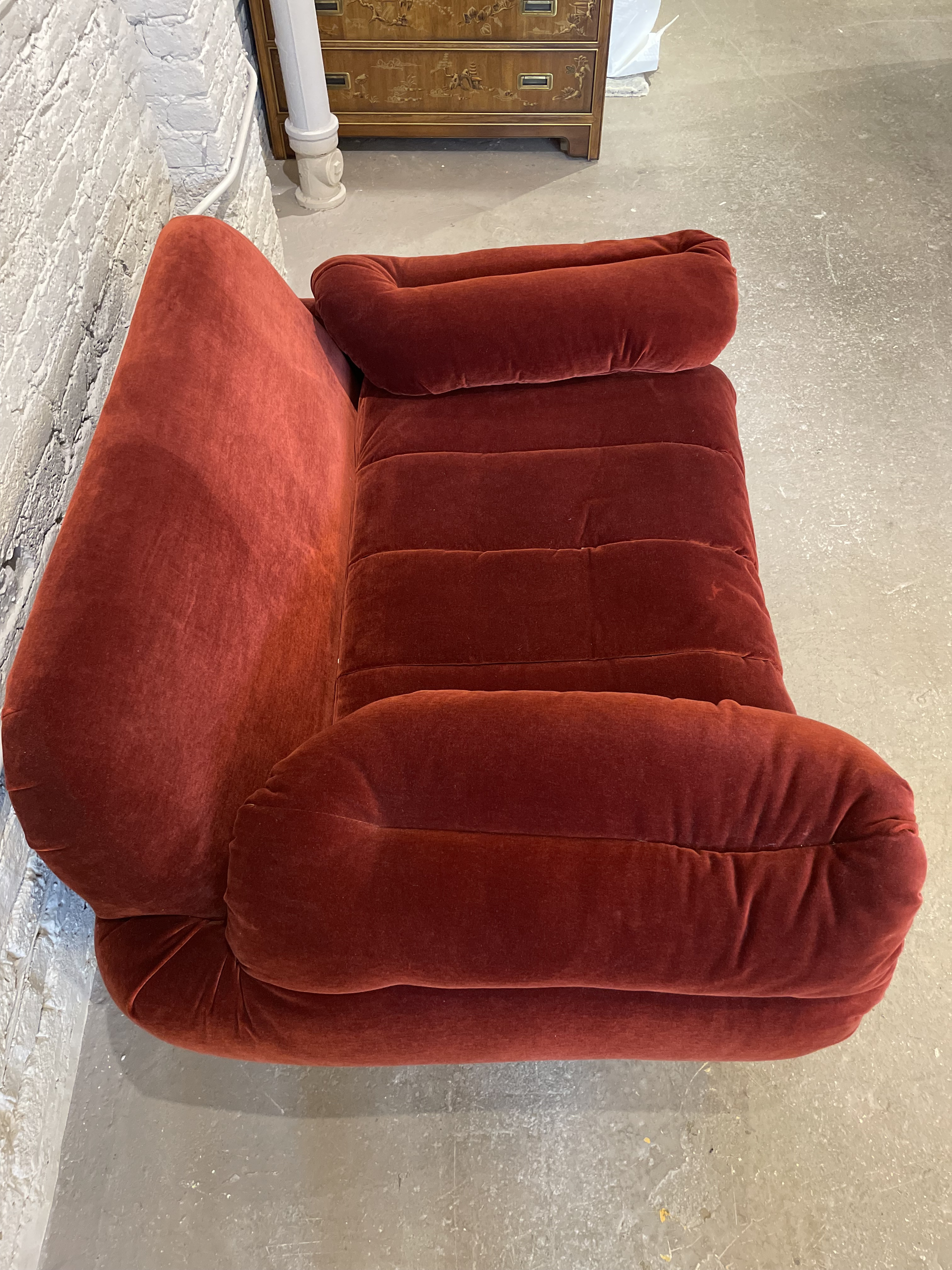 1970s Red Loveseat with Curved Arms & Brass Plinth Base