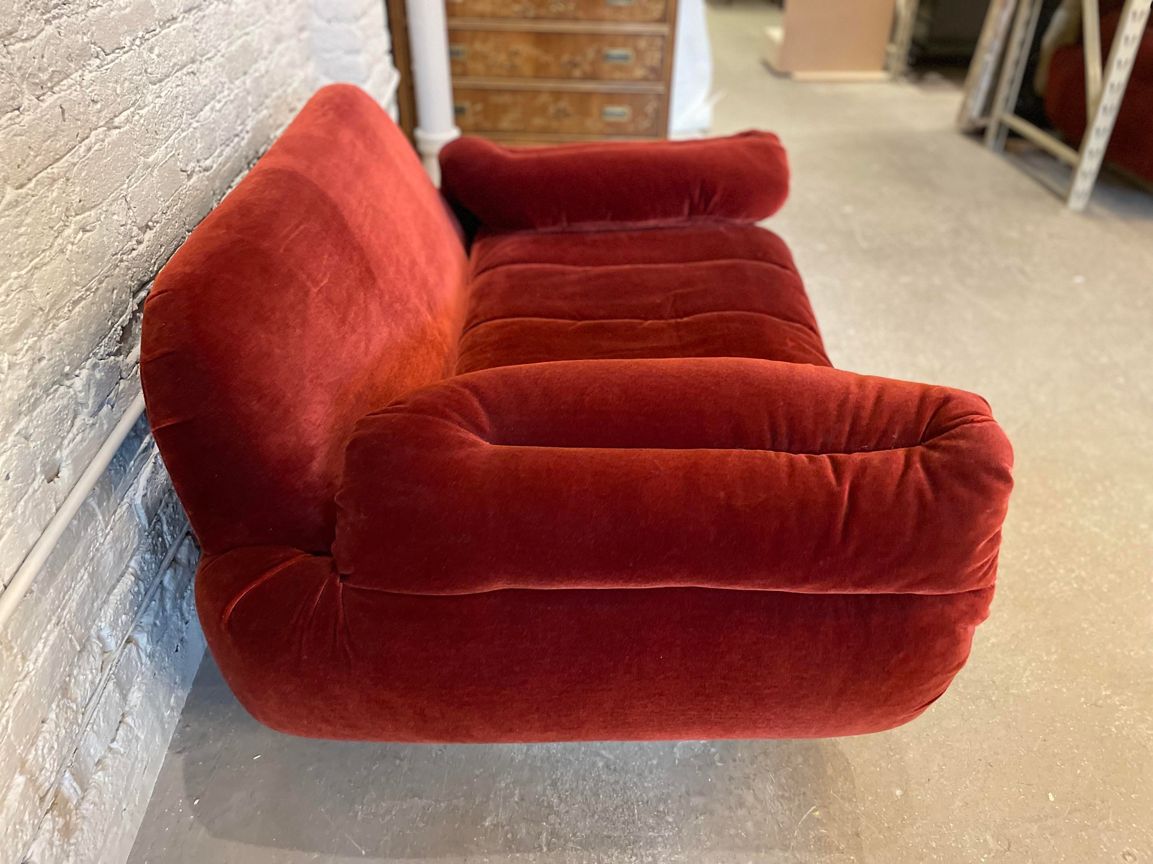 1970s Red Loveseat with Curved Arms & Brass Plinth Base