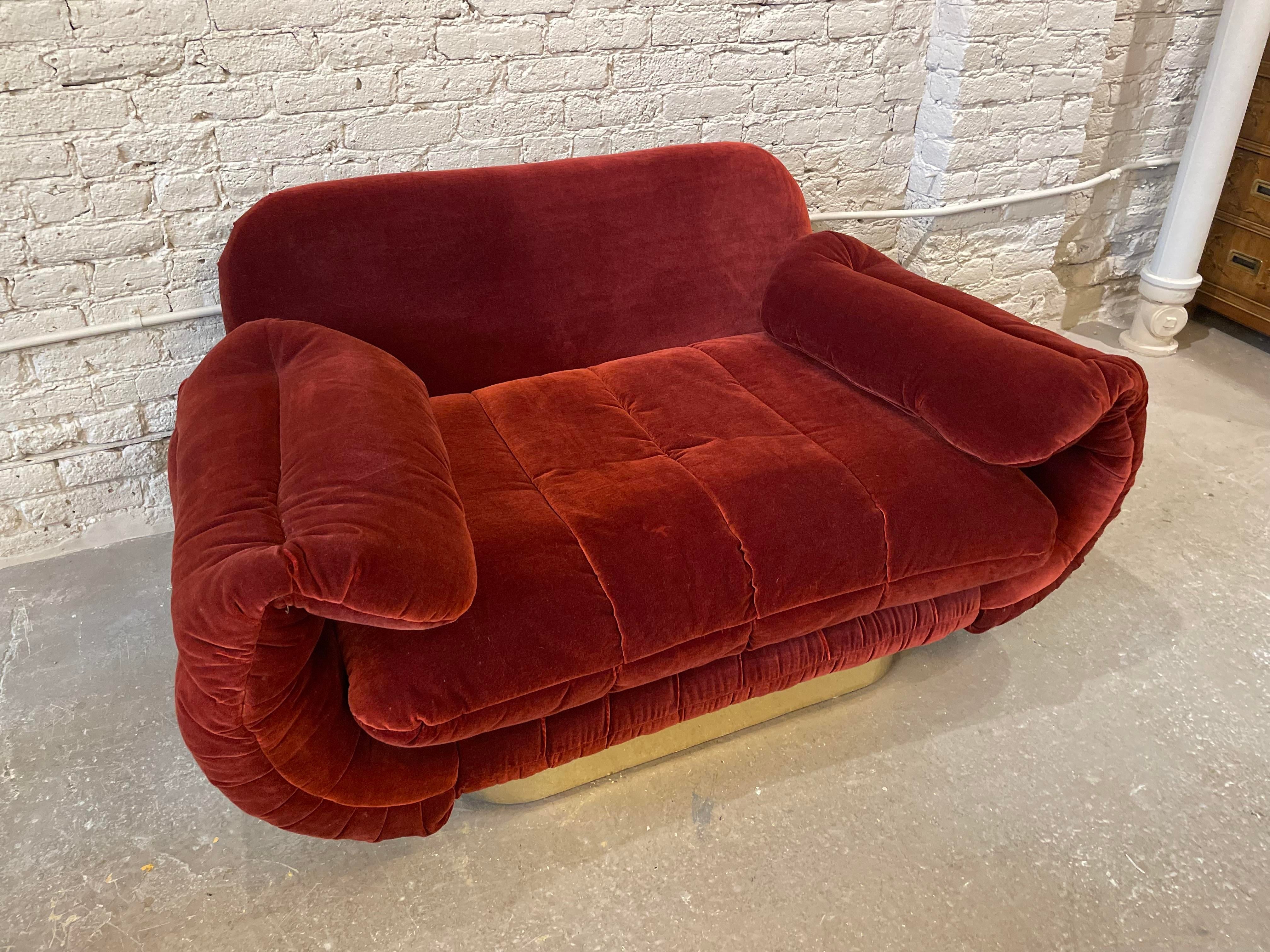 1970s Red Loveseat with Curved Arms & Brass Plinth Base