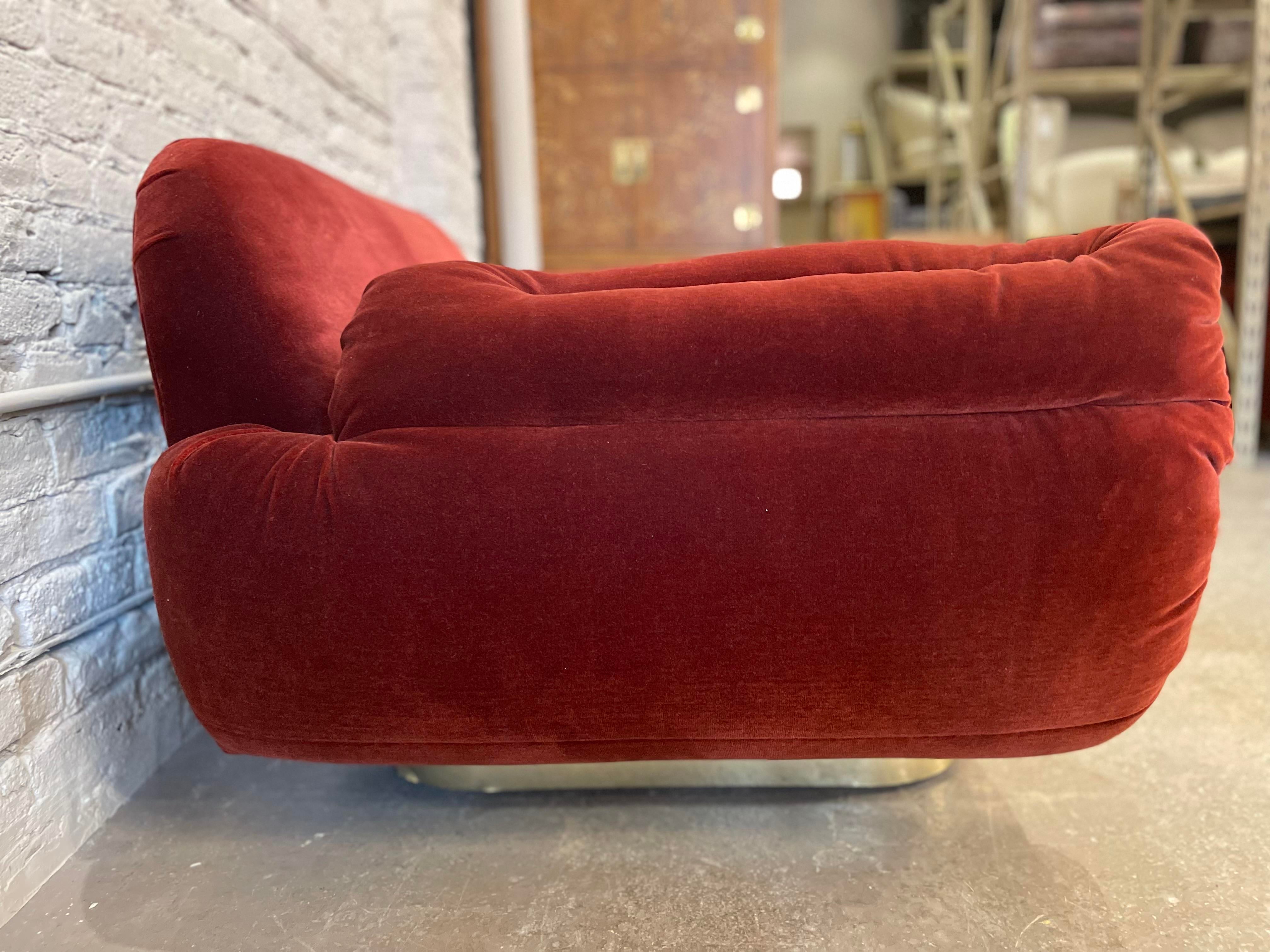 1970s Red Loveseat with Curved Arms & Brass Plinth Base