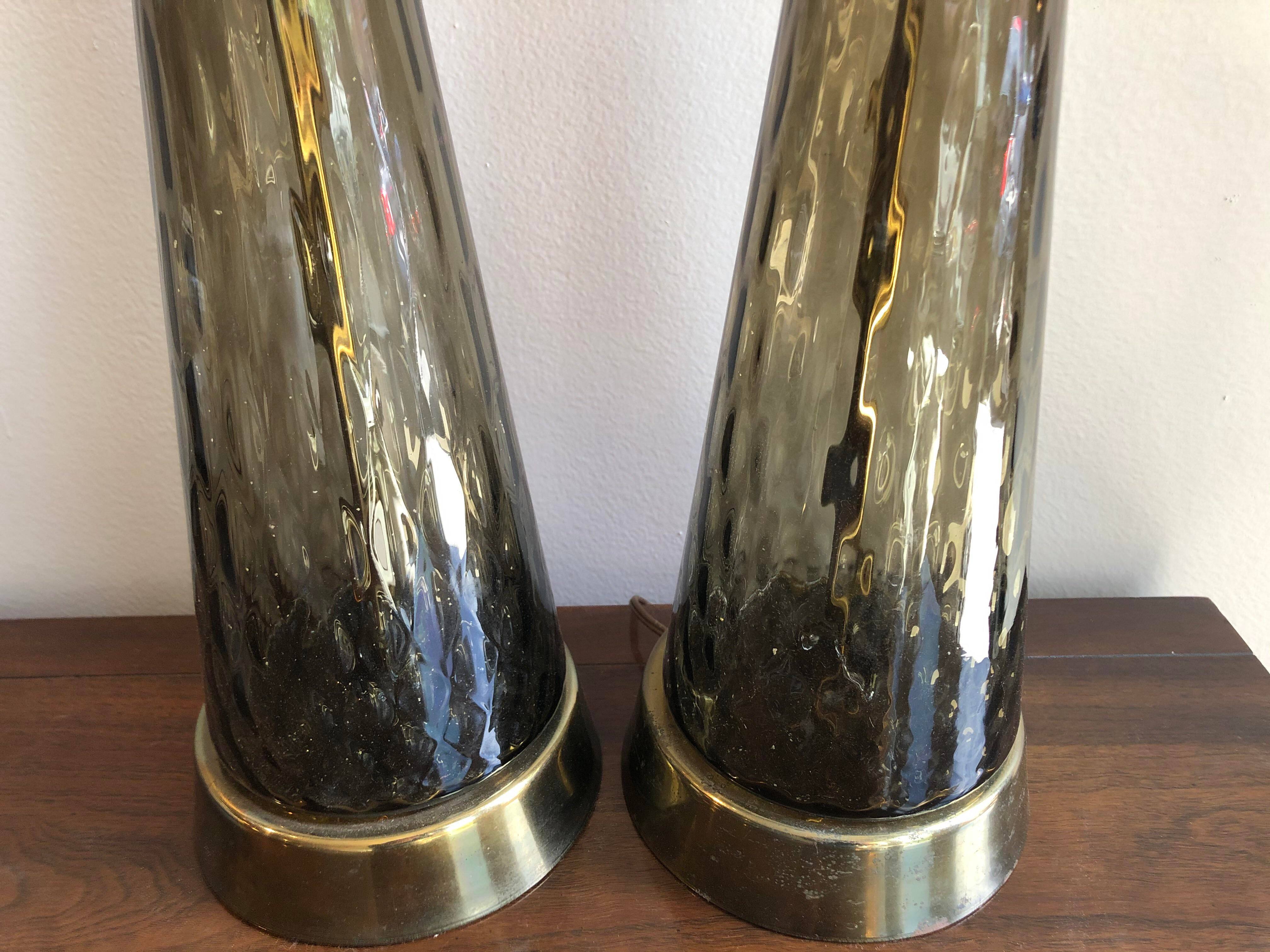 1970s Smokey Murano Glass and Brass Lamps - a Pair