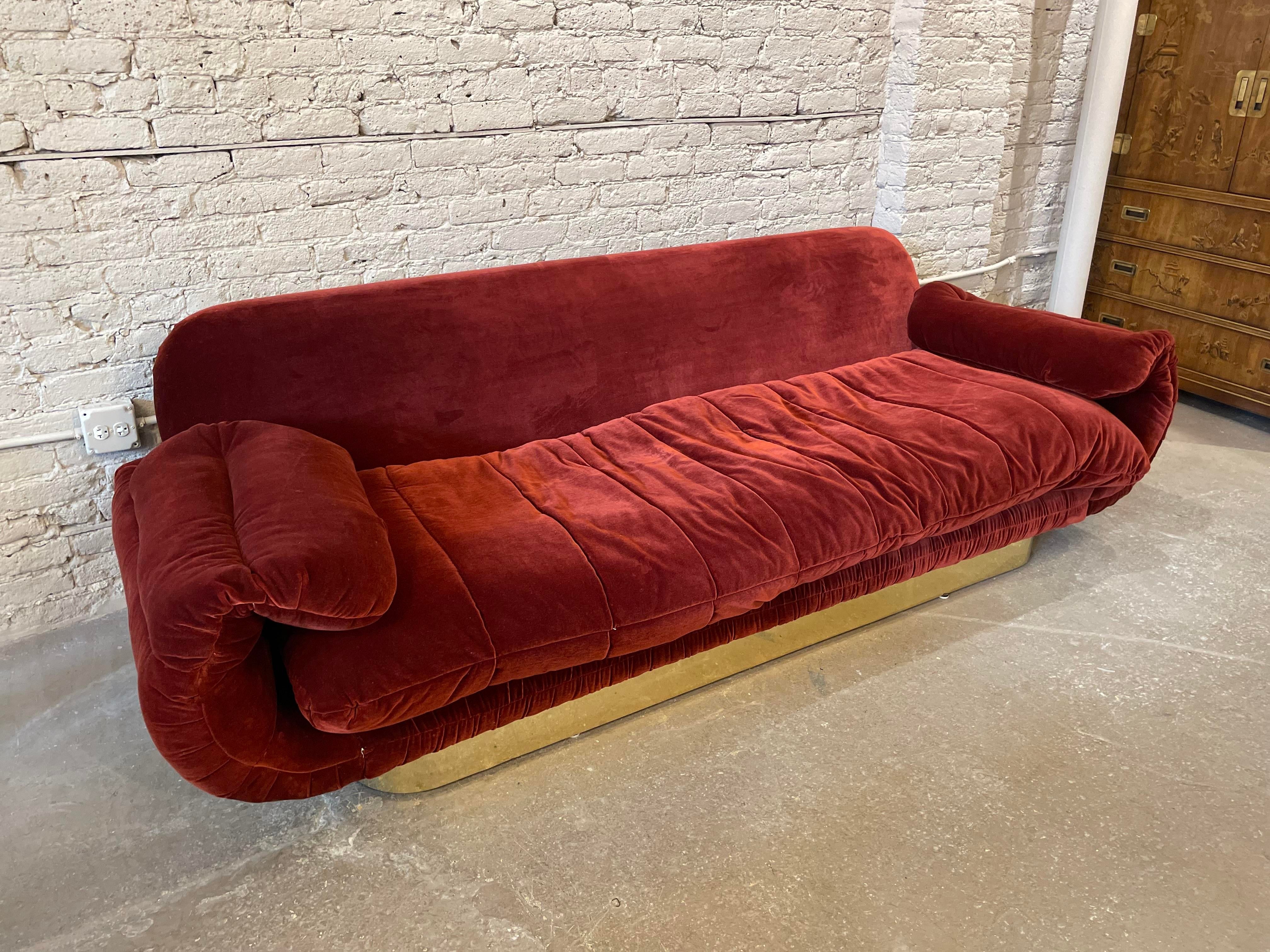1970s Sofa With Curved Arm and Brass Plinth Base