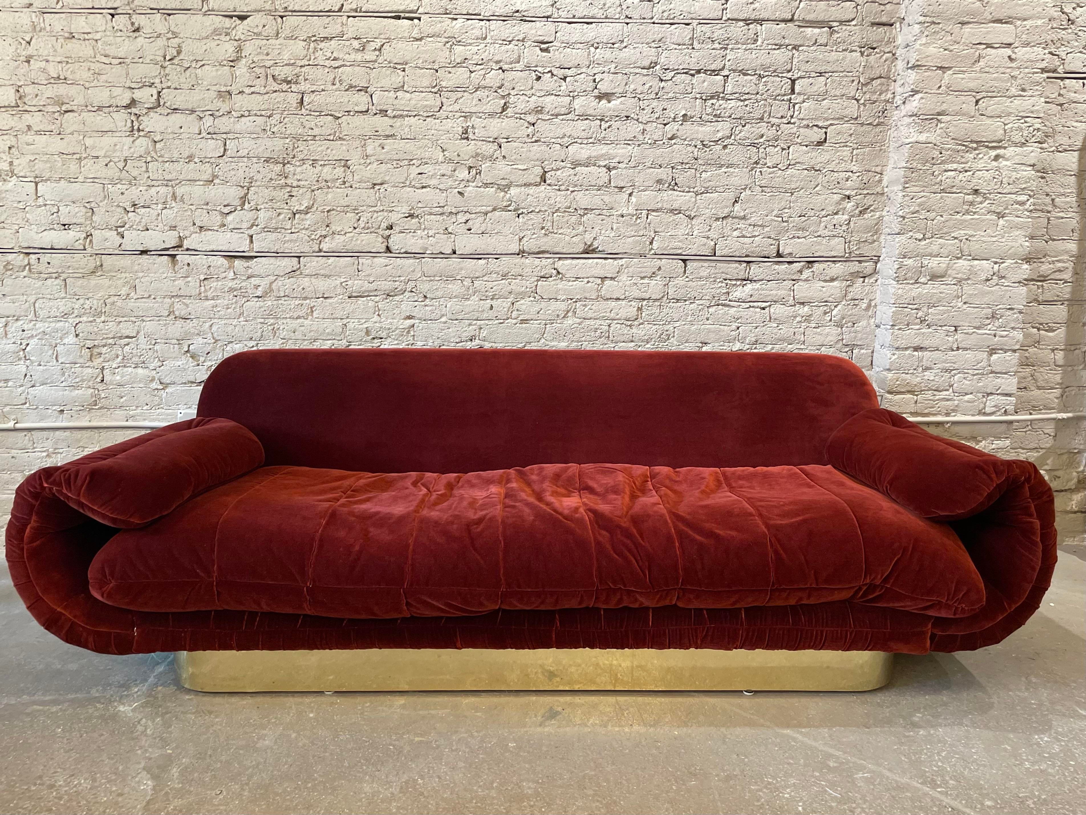 1970s Sofa With Curved Arm and Brass Plinth Base