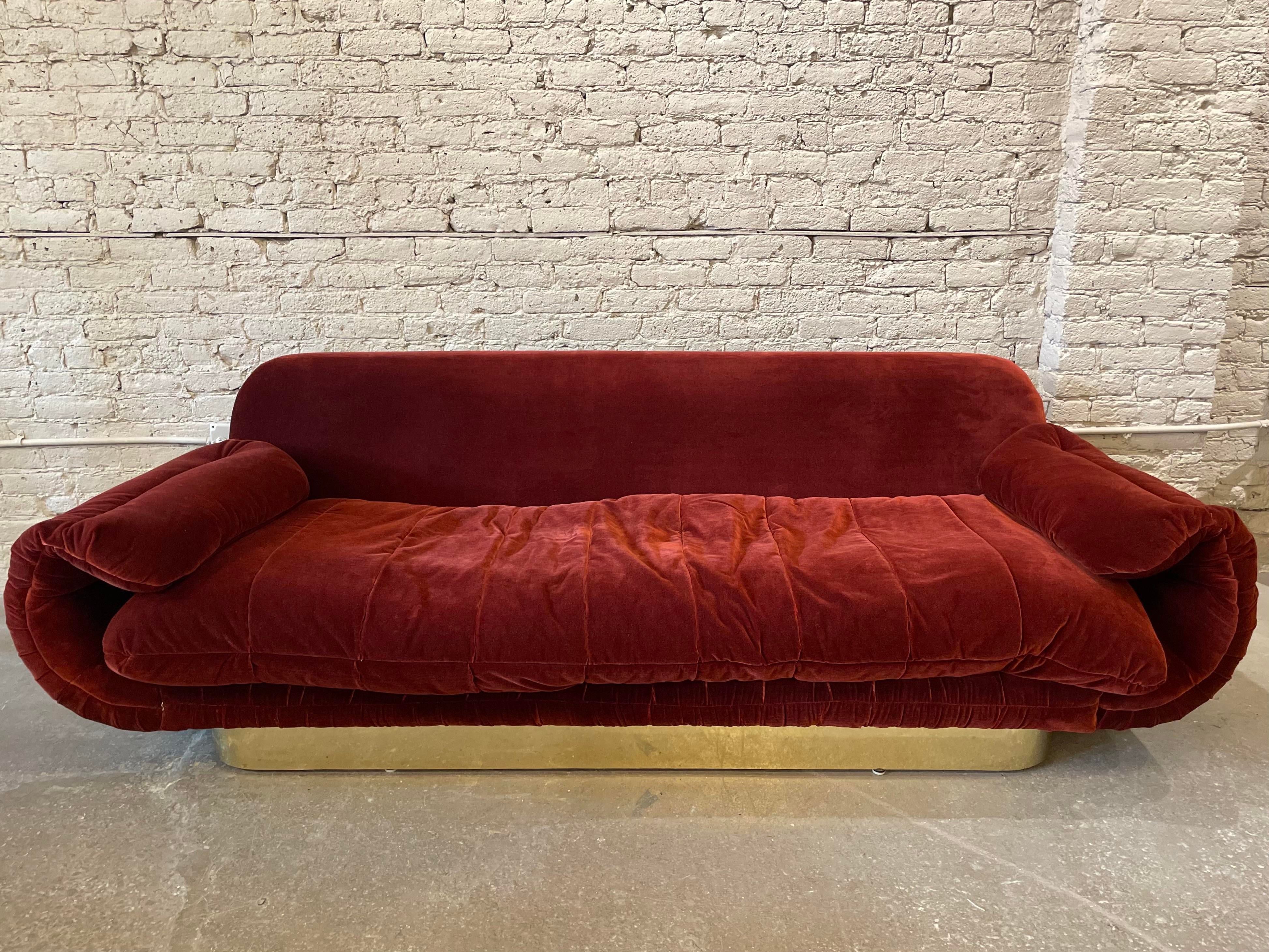 1970s Sofa With Curved Arm and Brass Plinth Base